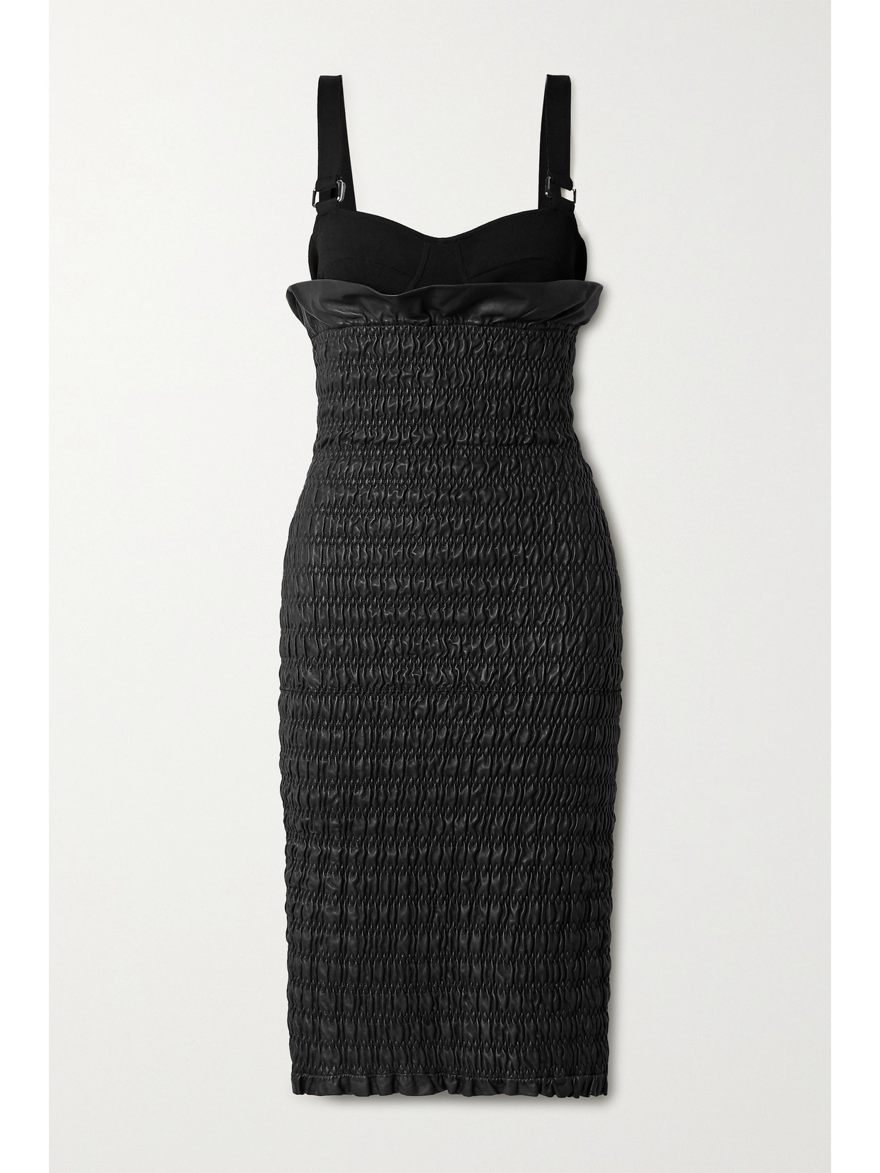 PROENZA SCHOULER LAYERED SMOCKED LEATHER AND STRETCH-KNIT DRESS