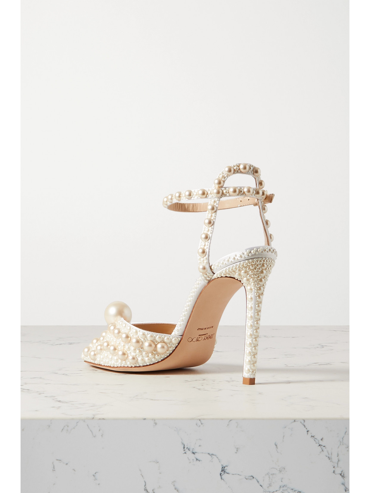 JIMMY CHOO SACORA 100 FAUX PEARL-EMBELLISHED SATIN SANDALS