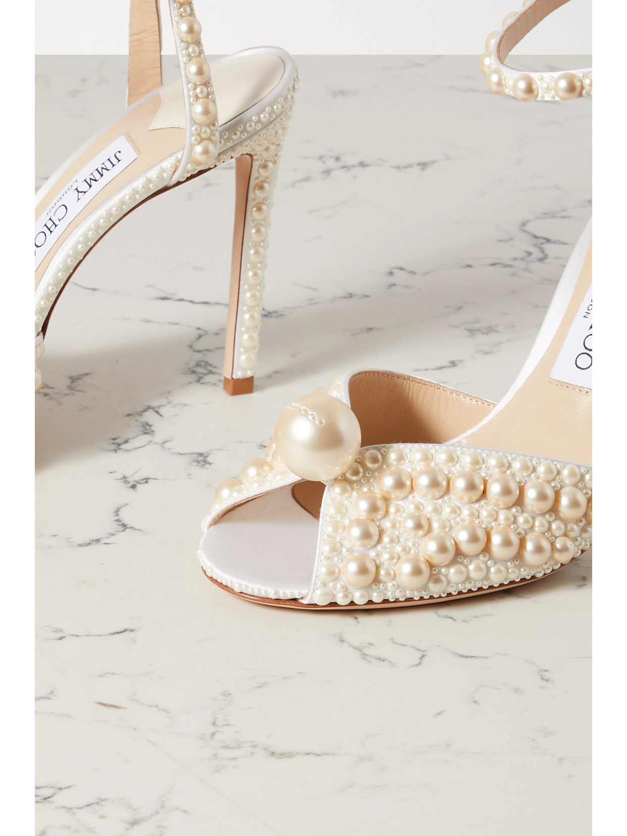 JIMMY CHOO SACORA 100 FAUX PEARL-EMBELLISHED SATIN SANDALS