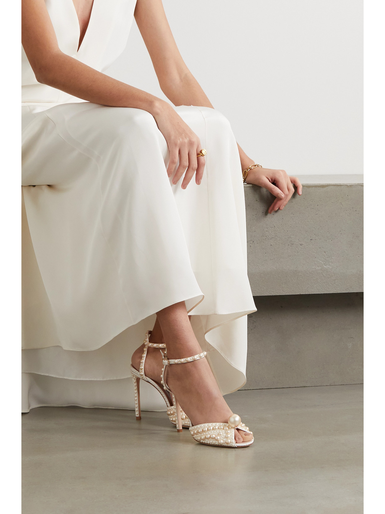 JIMMY CHOO SACORA 100 FAUX PEARL-EMBELLISHED SATIN SANDALS