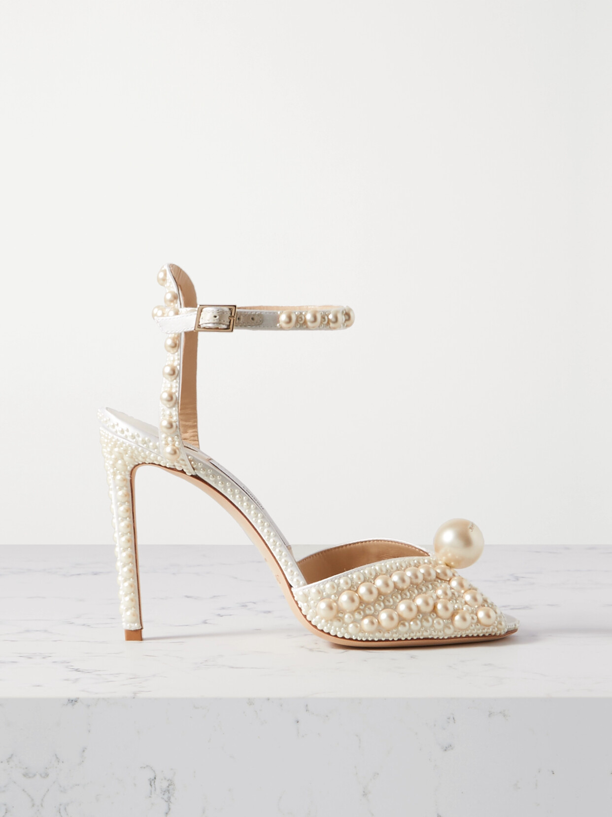 Shop Jimmy Choo Sacora 100 Faux Pearl-embellished Satin Sandals In White