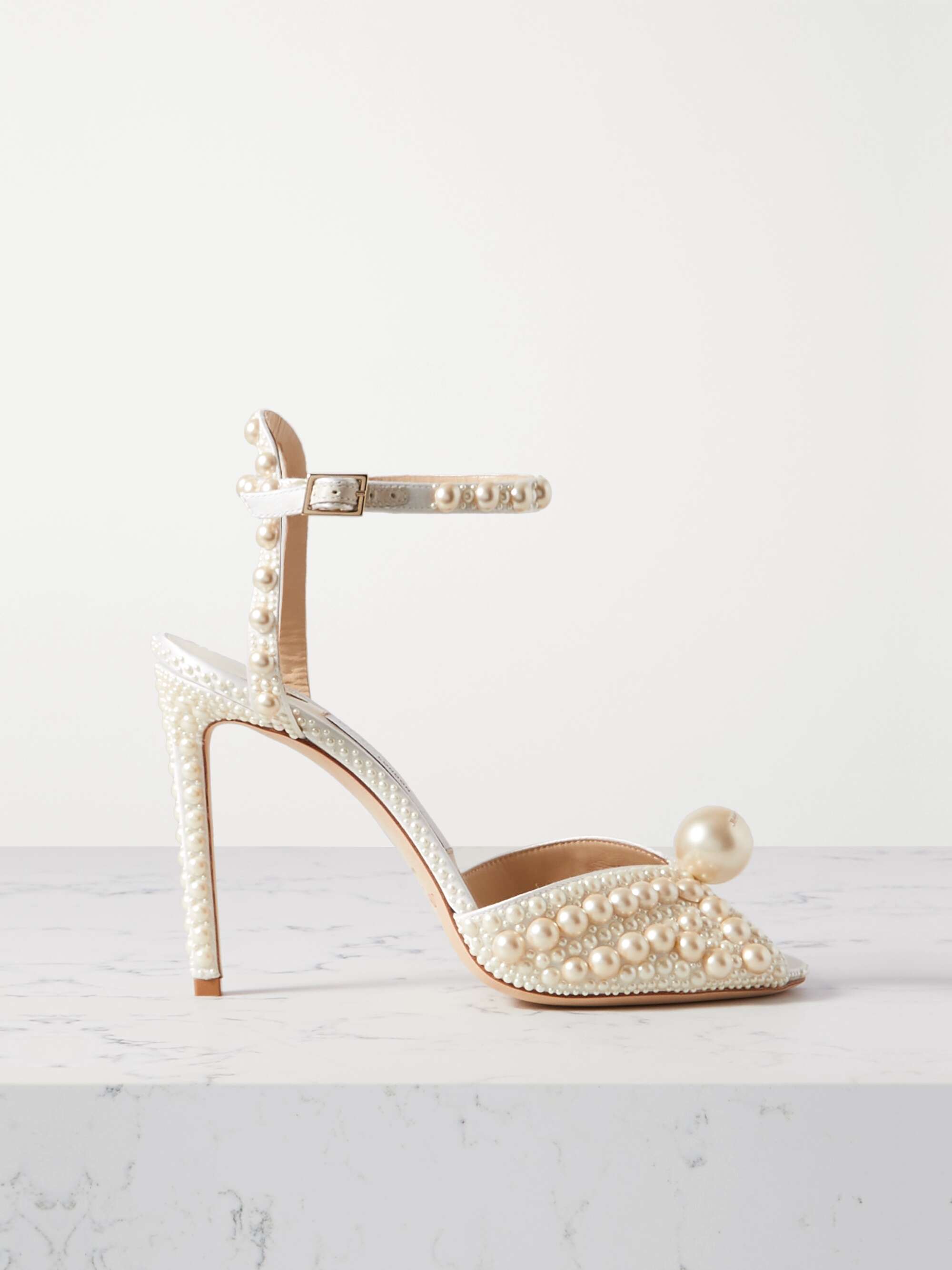 JIMMY CHOO Sacaria Pearl-Embellished Satin Platform Sandals