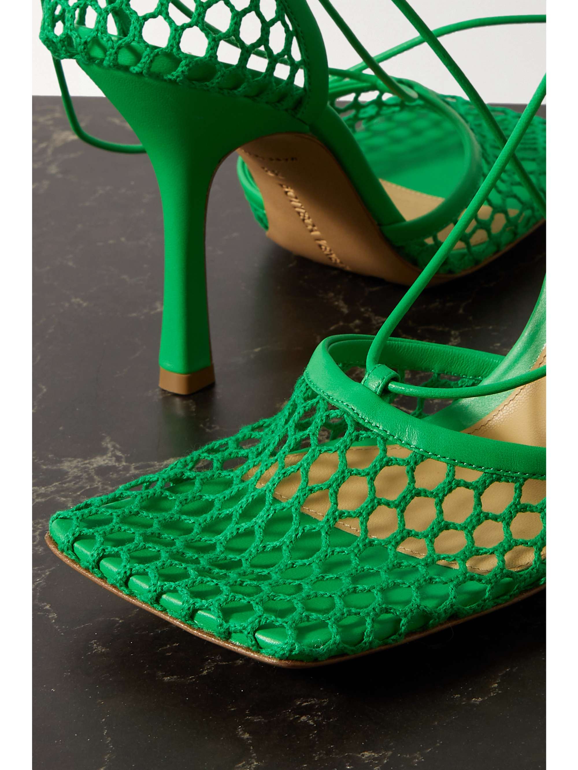 Bright Green Lace Up Leather Trimmed Mesh Pumps Bottega Veneta Net A Porter