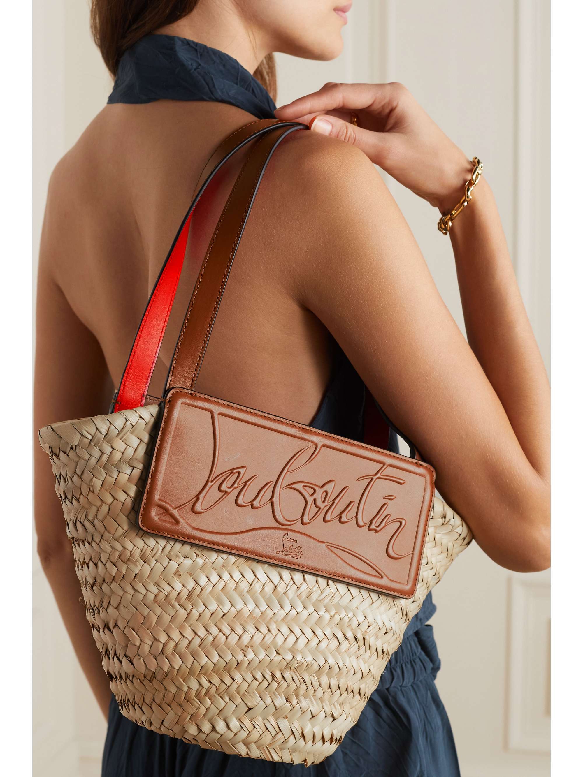 CHRISTIAN LOUBOUTIN Loubishore small woven straw and embossed leather tote