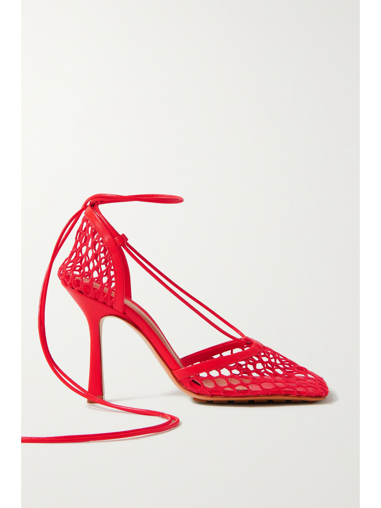Bottega Veneta Lace-up Leather-trimmed Mesh Pumps In Tomato Red