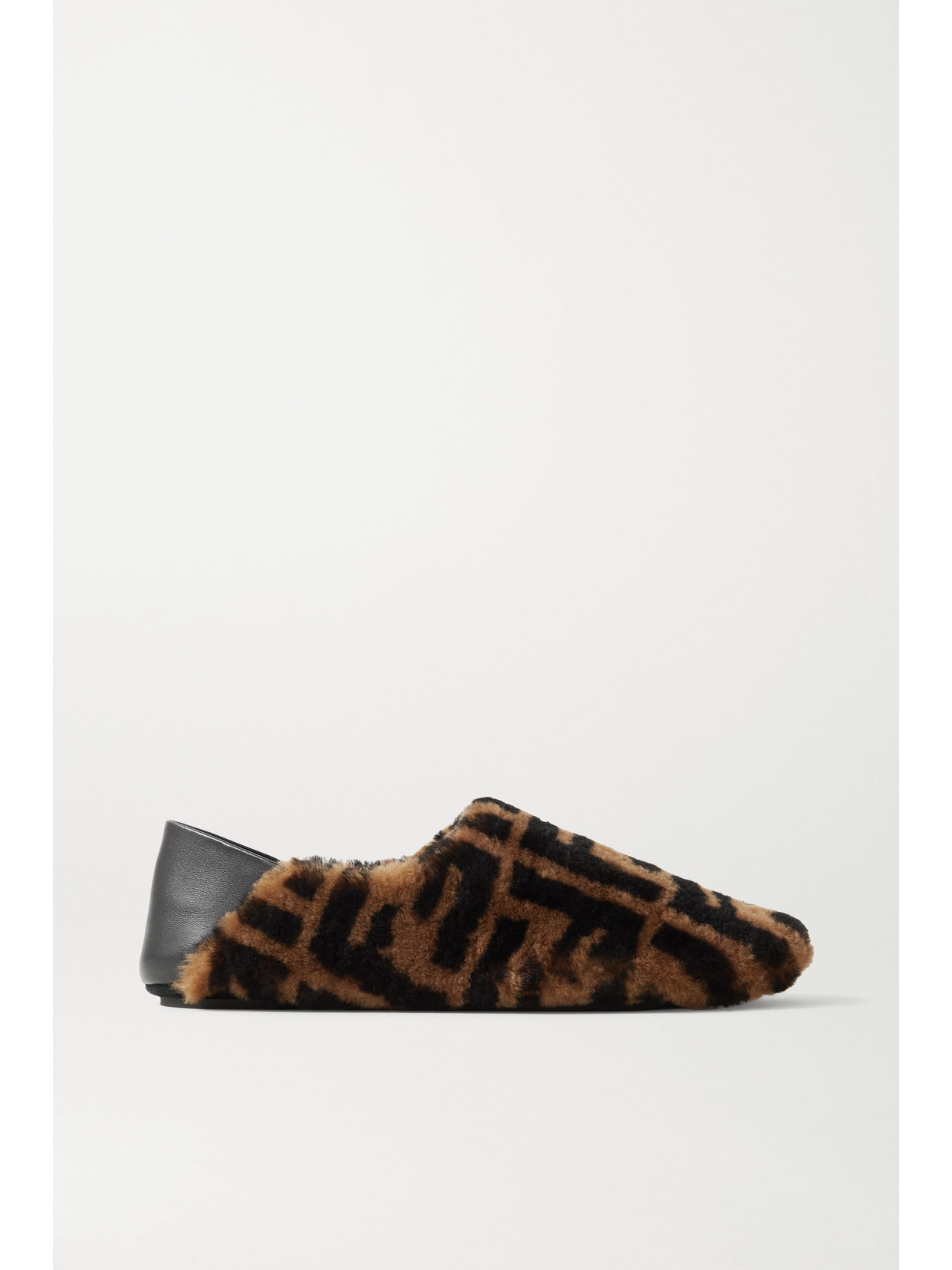 FENDI LEATHER-TRIMMED LOGO-PRINT SHEARLING COLLAPSIBLE-HEEL SLIPPERS