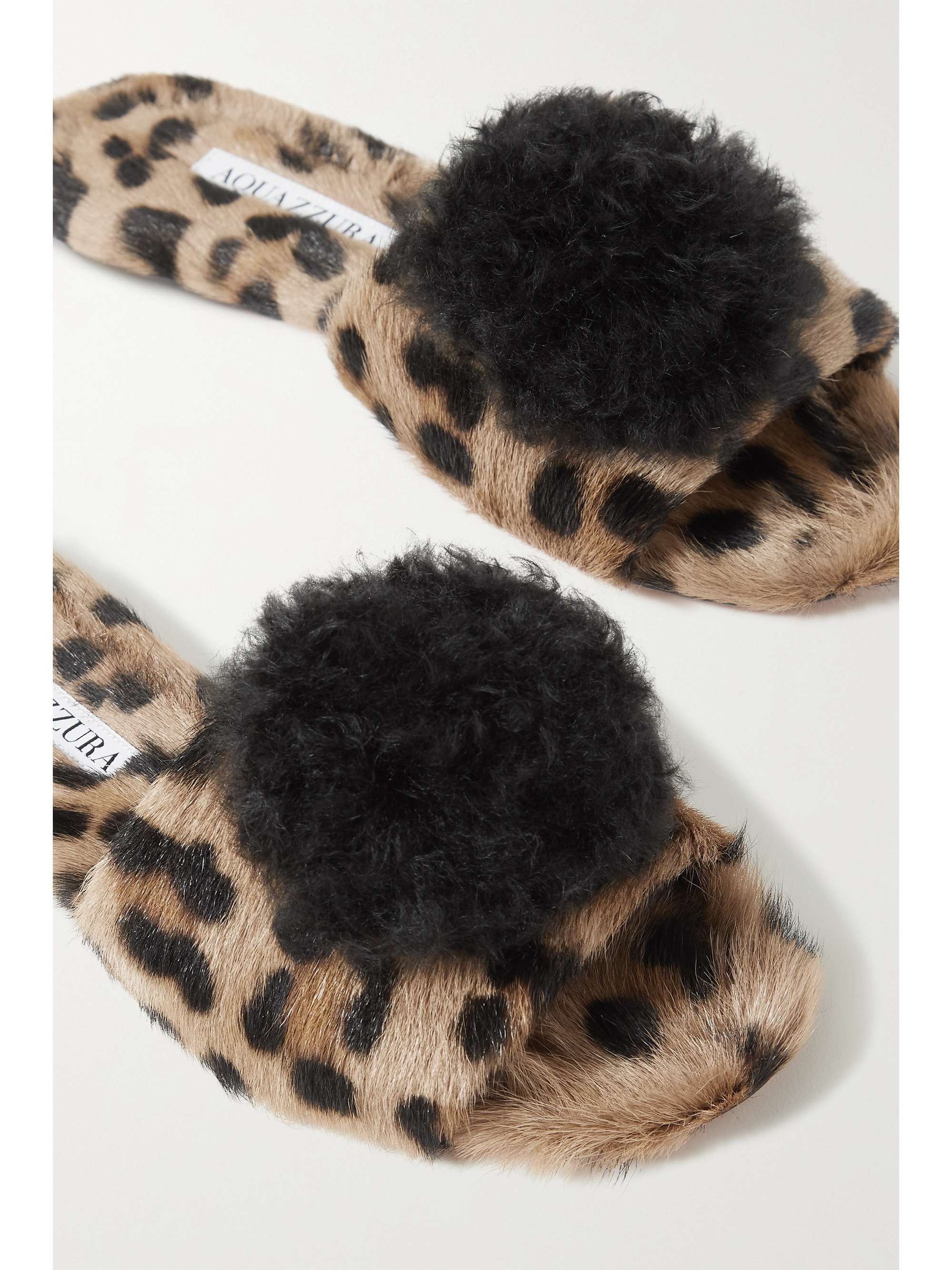 AQUAZZURA Foxy pompom-embellished leopard-print goat hair slides