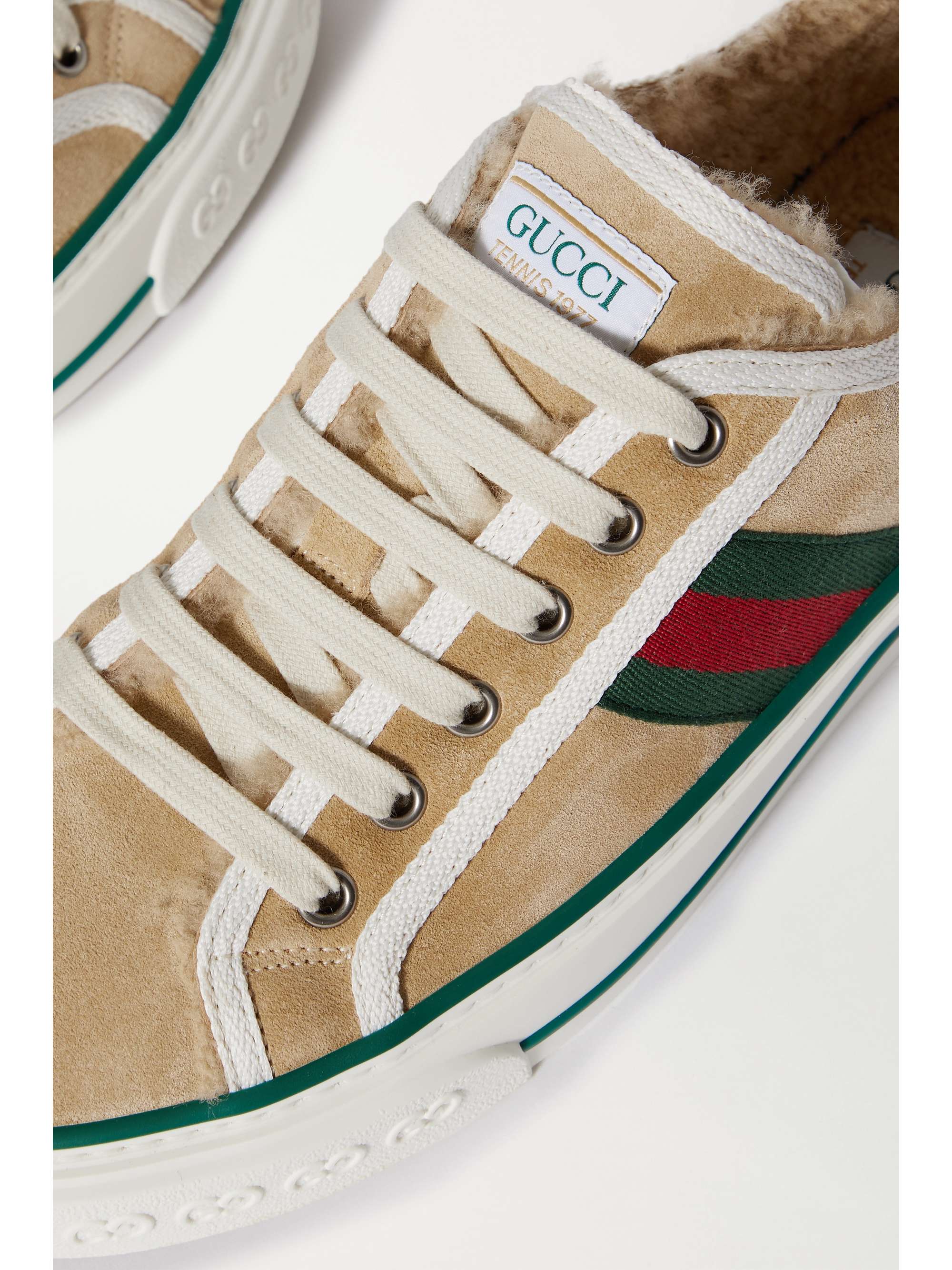 GUCCI Tennis 1977 logo-embroidered shearling-lined suede and canvas sneakers
