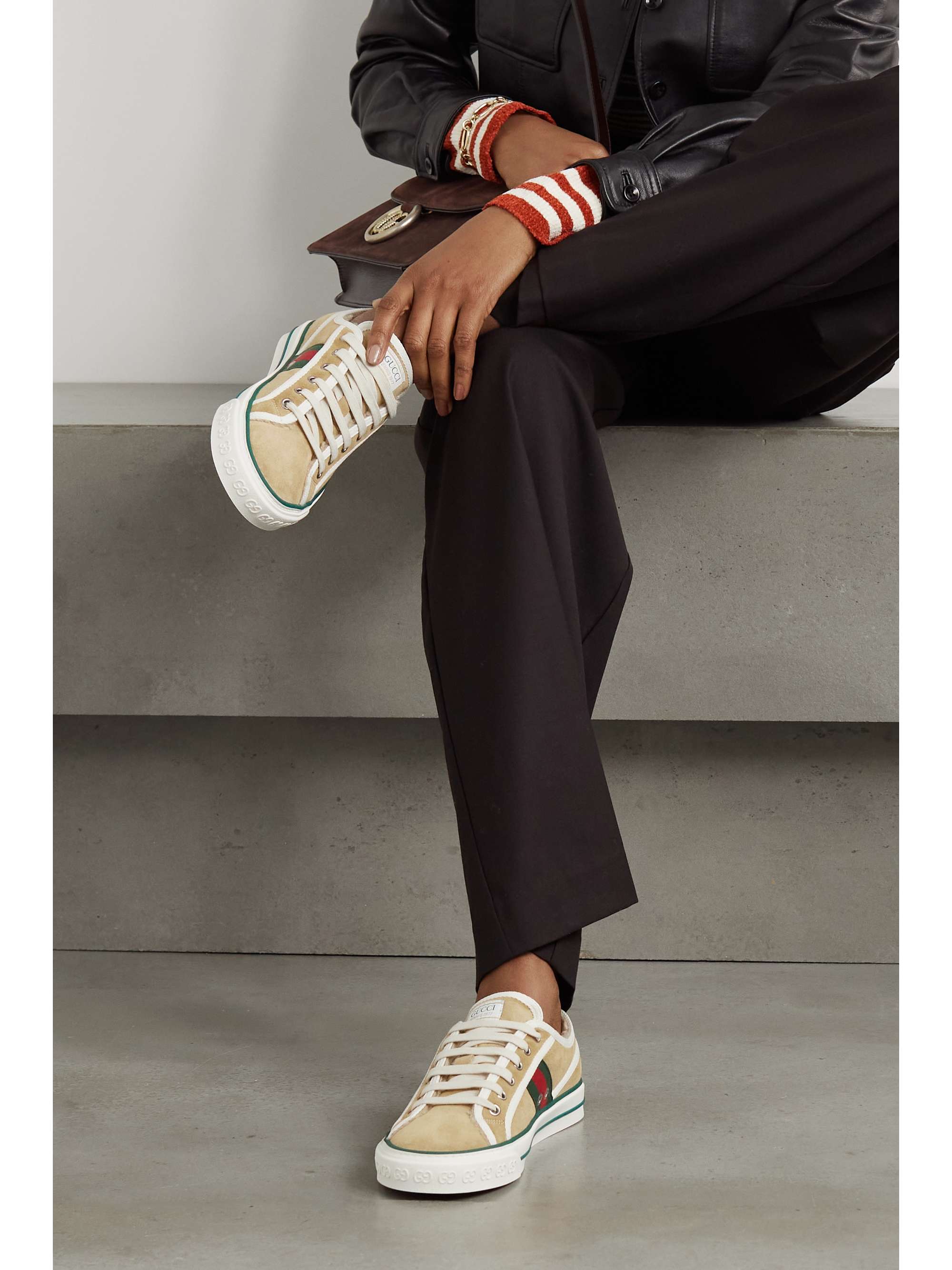 GUCCI Tennis 1977 logo-embroidered shearling-lined suede and canvas sneakers