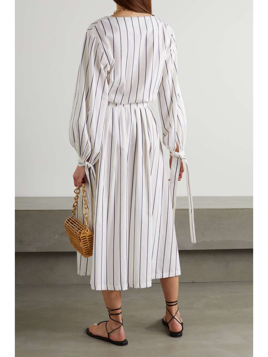 White Tie-detailed striped cotton-blend poplin midi dress | KING ...