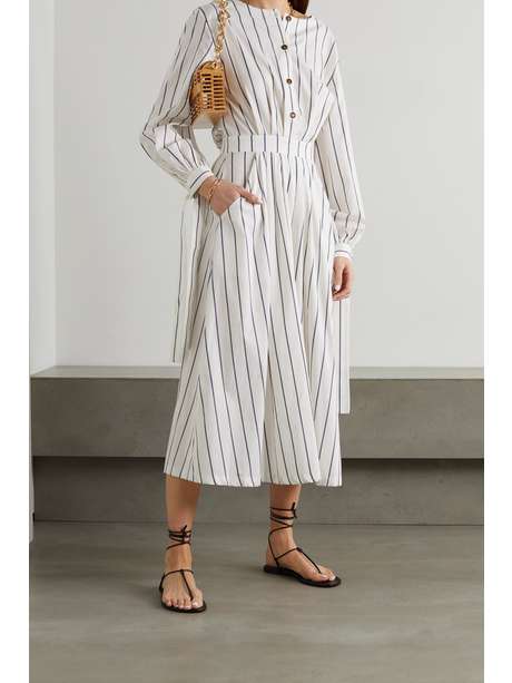 White Tie-detailed striped cotton-blend poplin midi dress | KING ...