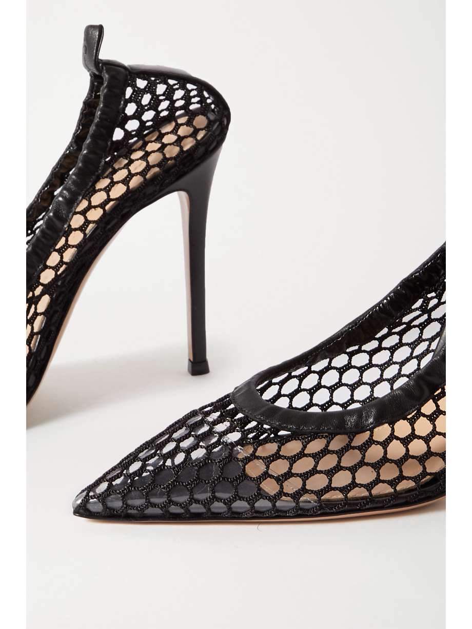 gianvito rossi 70 leather trimmed fishnet mules