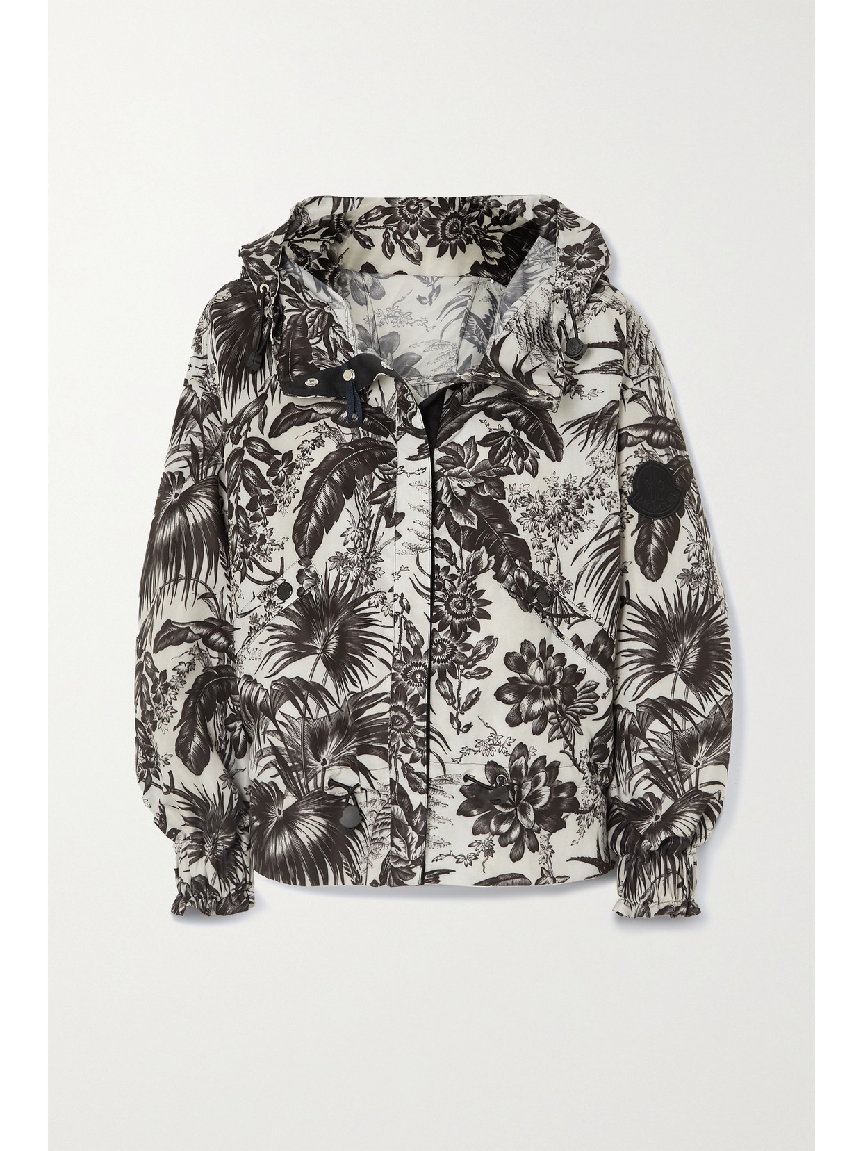 Moncler Albireo Hooded Floral-print Shell Jacket In Black