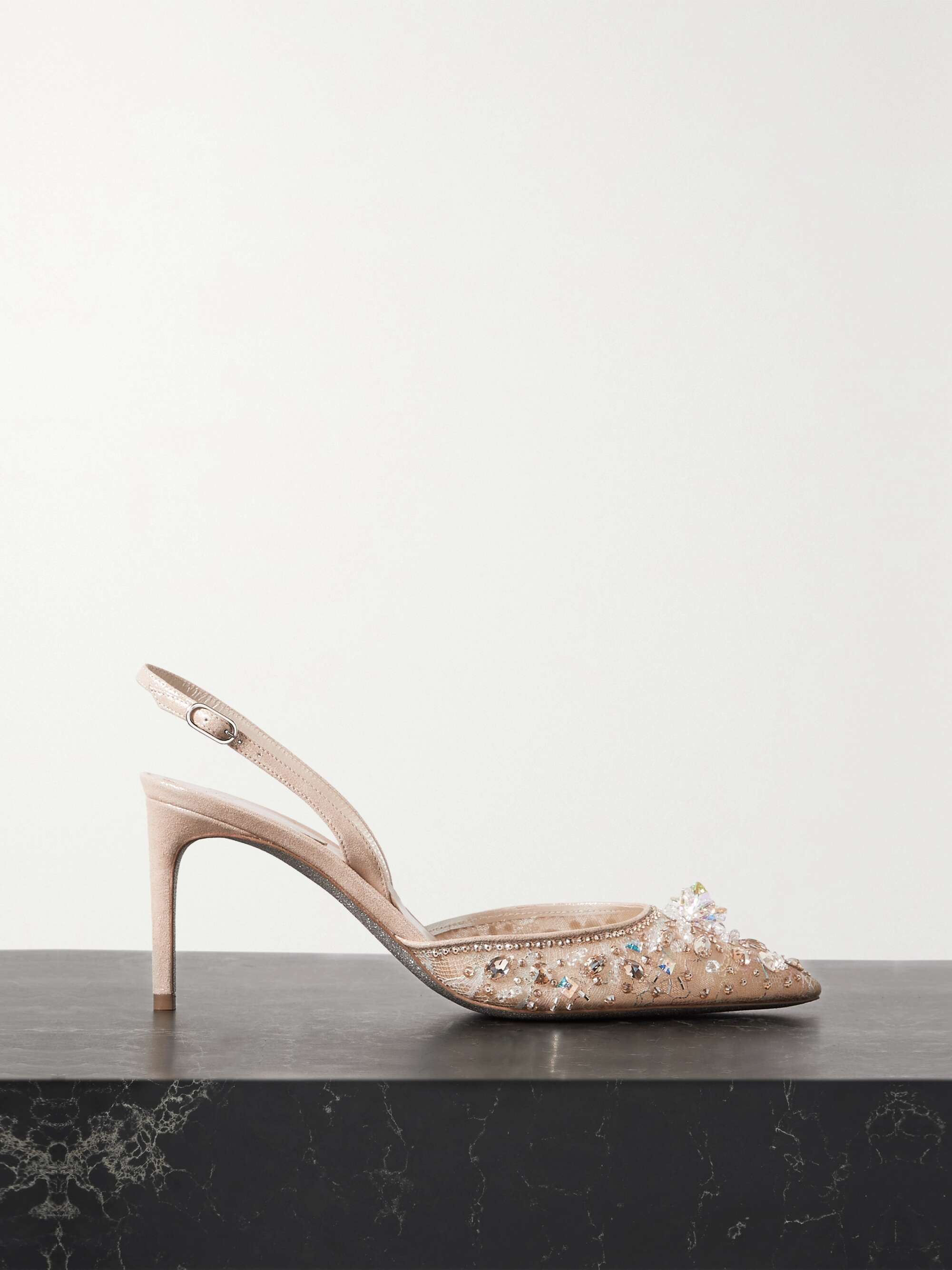Crystal embellished lace and leather slingback pumps