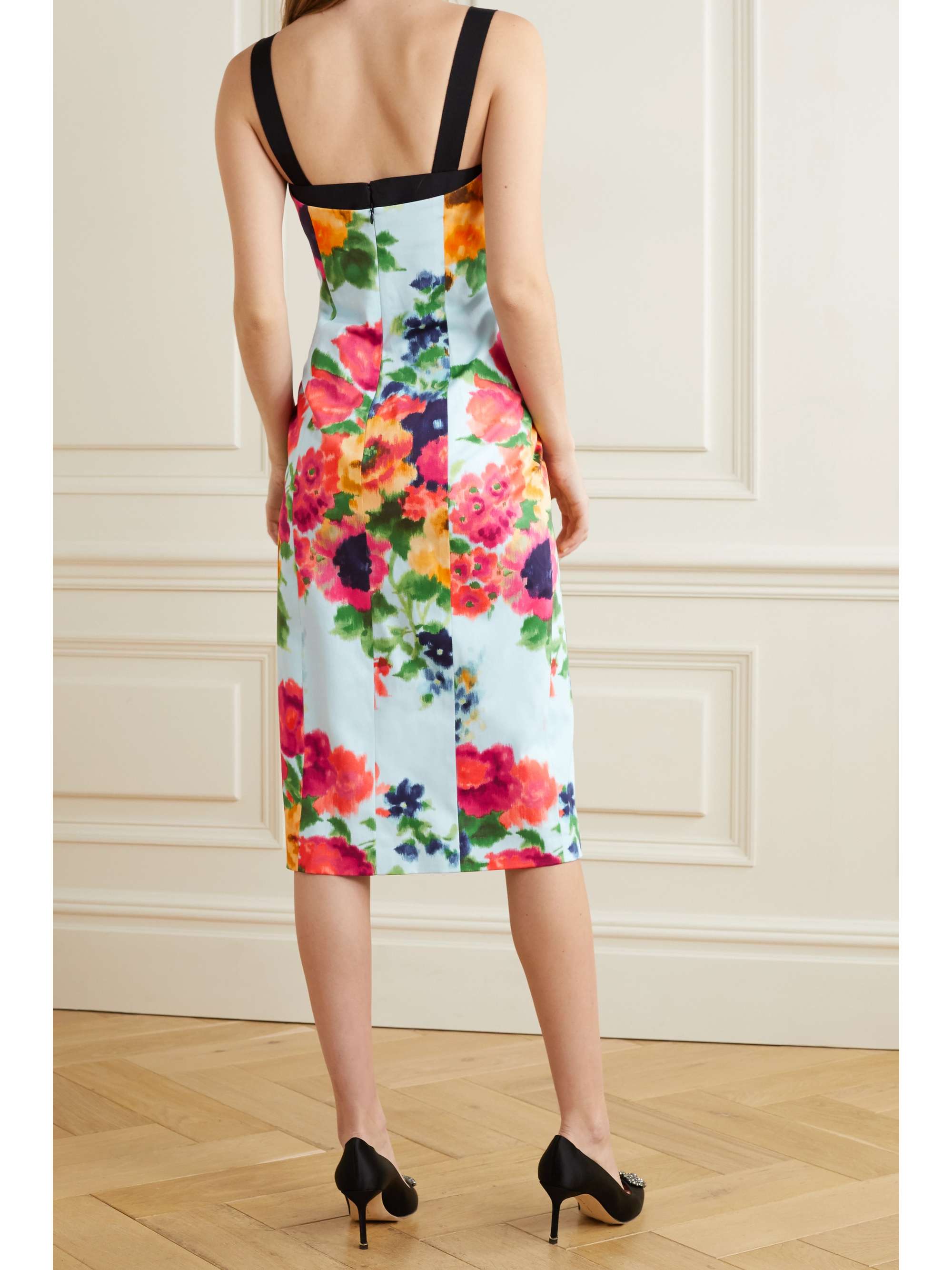 CAROLINA HERRERA Grosgrain and faille-trimmed floral-print cotton-blend midi dress