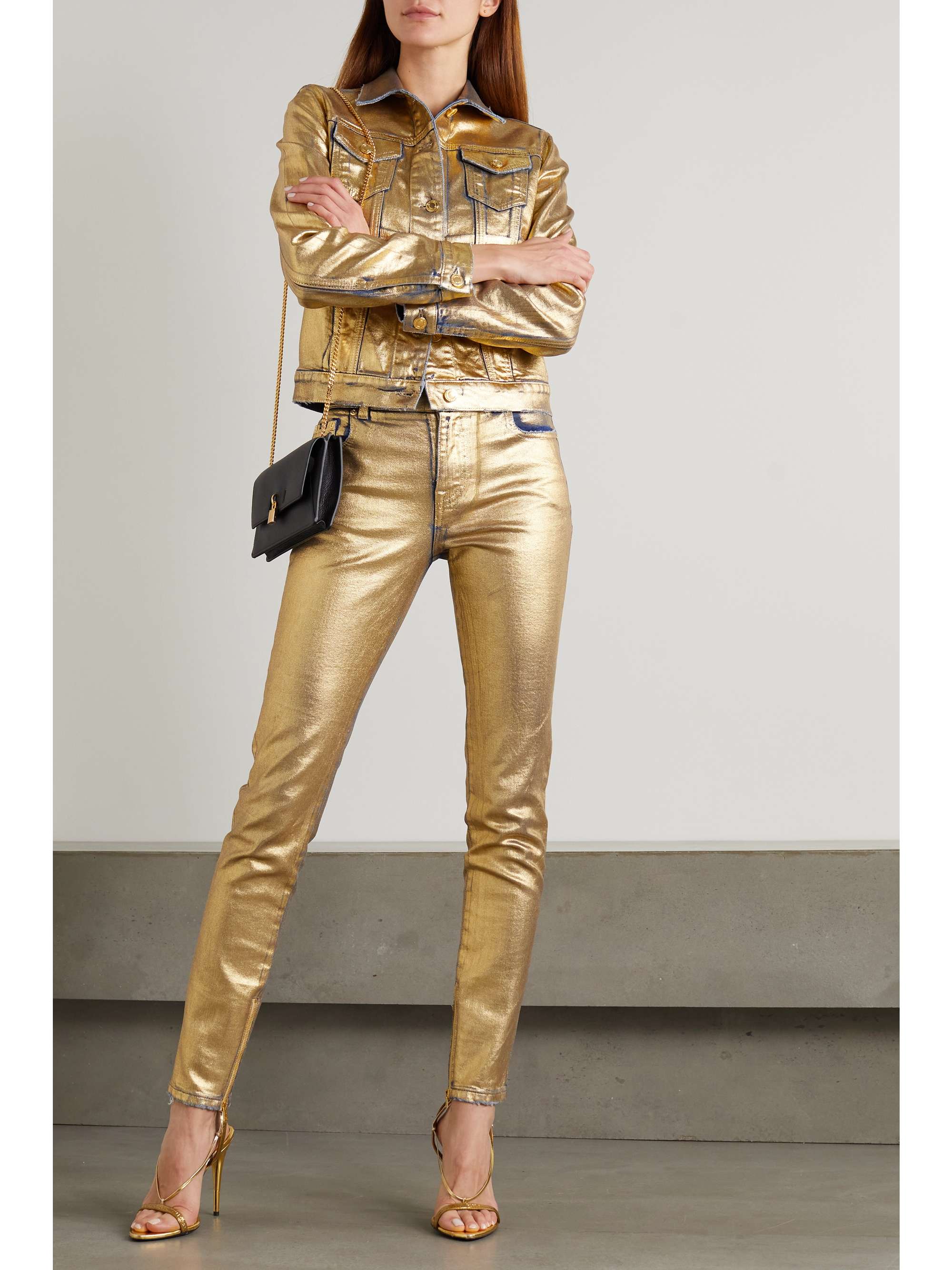Metallic coated mid-rise skinny jeans