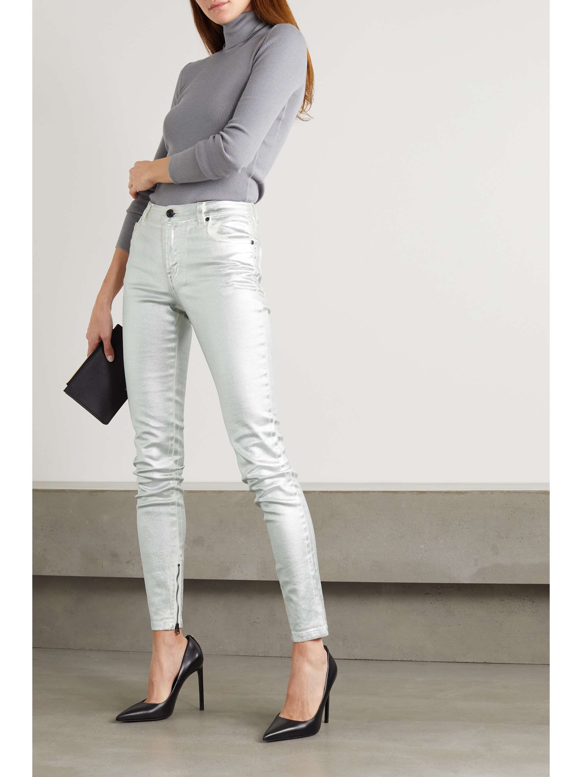 Silver Metallic coated mid-rise skinny 