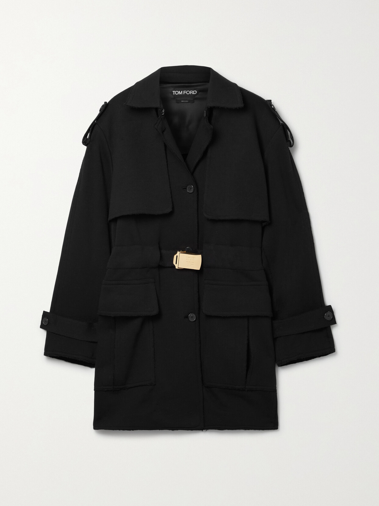 Tom Ford Belted Frayed Cotton-jersey Trench Coat In Black