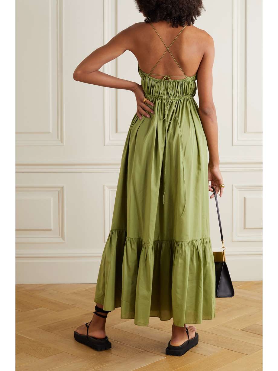 Green + NET SUSTAIN shirred organic cotton and mulberry silk-blend maxi dress | MATTEAU | NET-A 