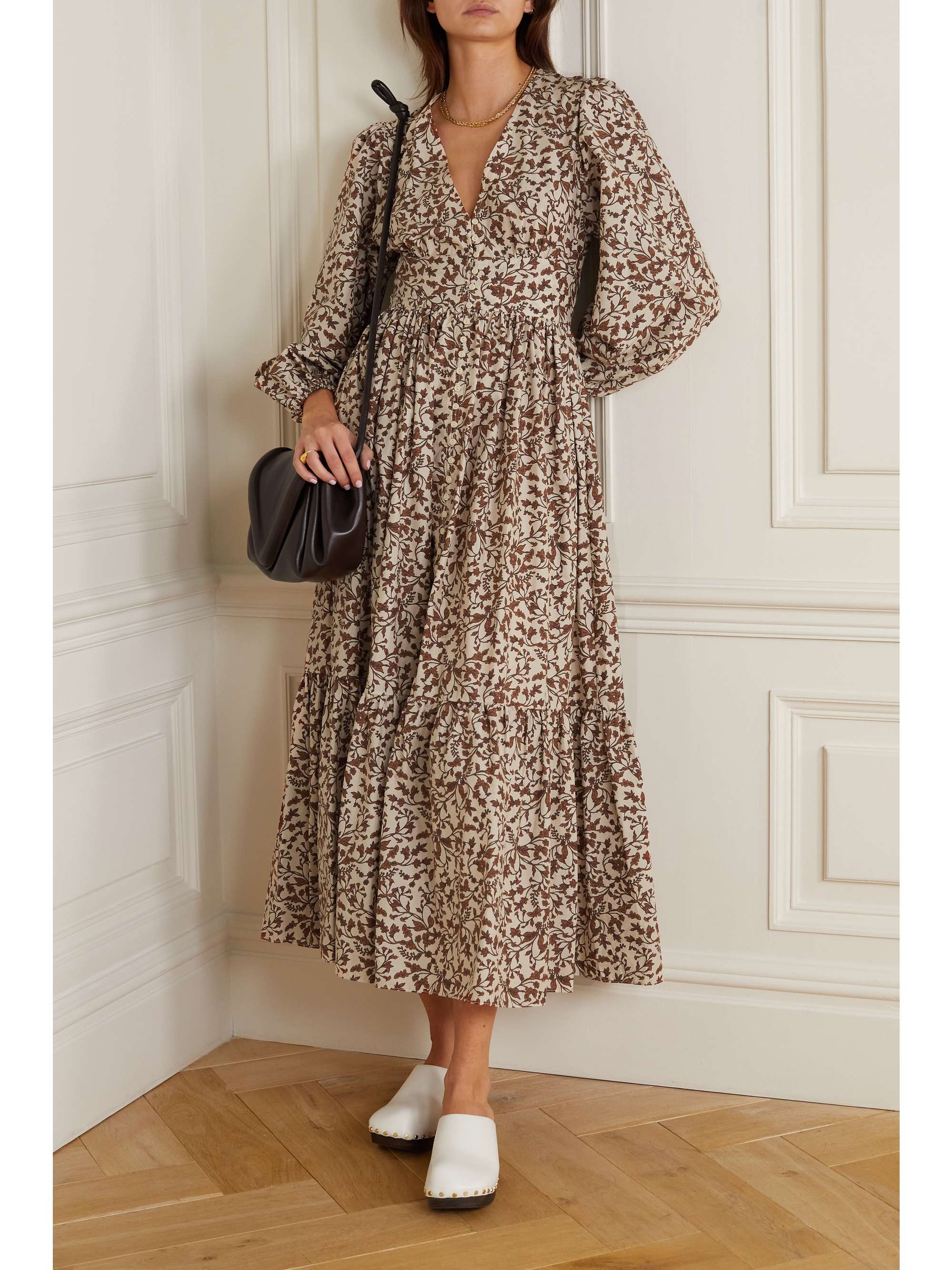Brown + NET SUSTAIN tiered floral-print organic cotton-poplin midi dress | MATTEAU | NET-A-PORTER