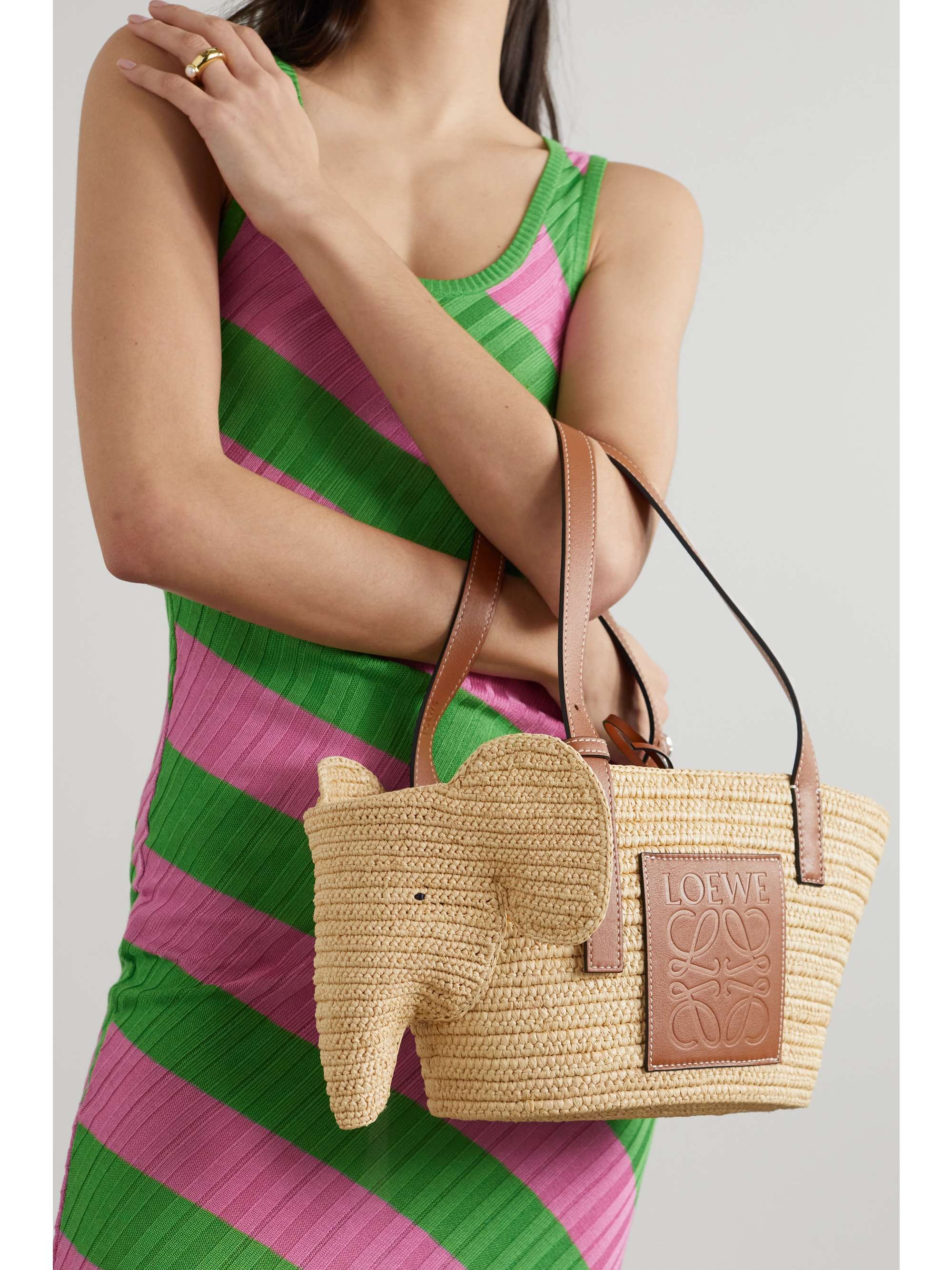 LOEWE Elephant small leather-trimmed raffia tote