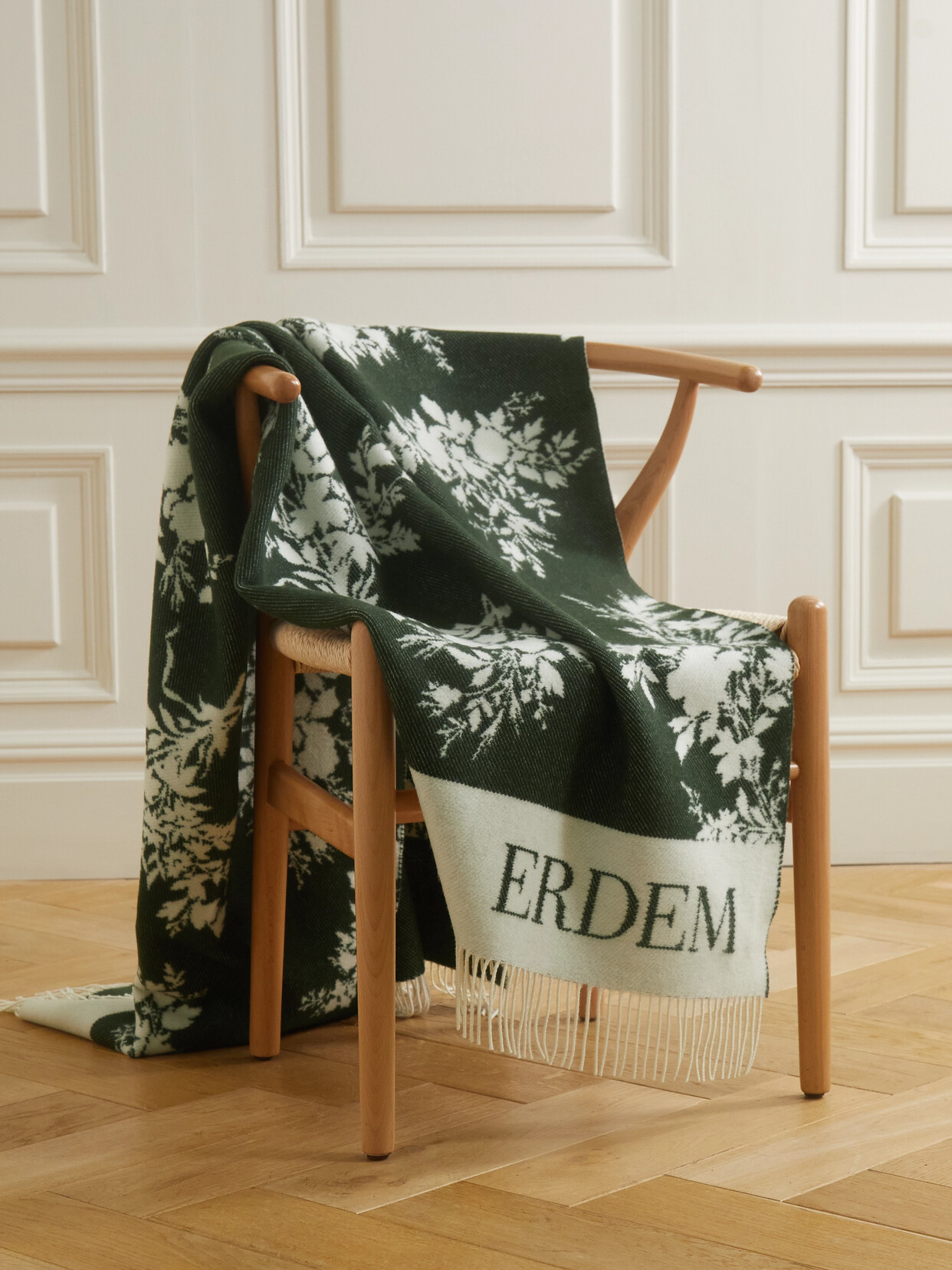 Erdem Fringed Floral-jacquard Merino Wool And Cashmere-blend Throw In Green
