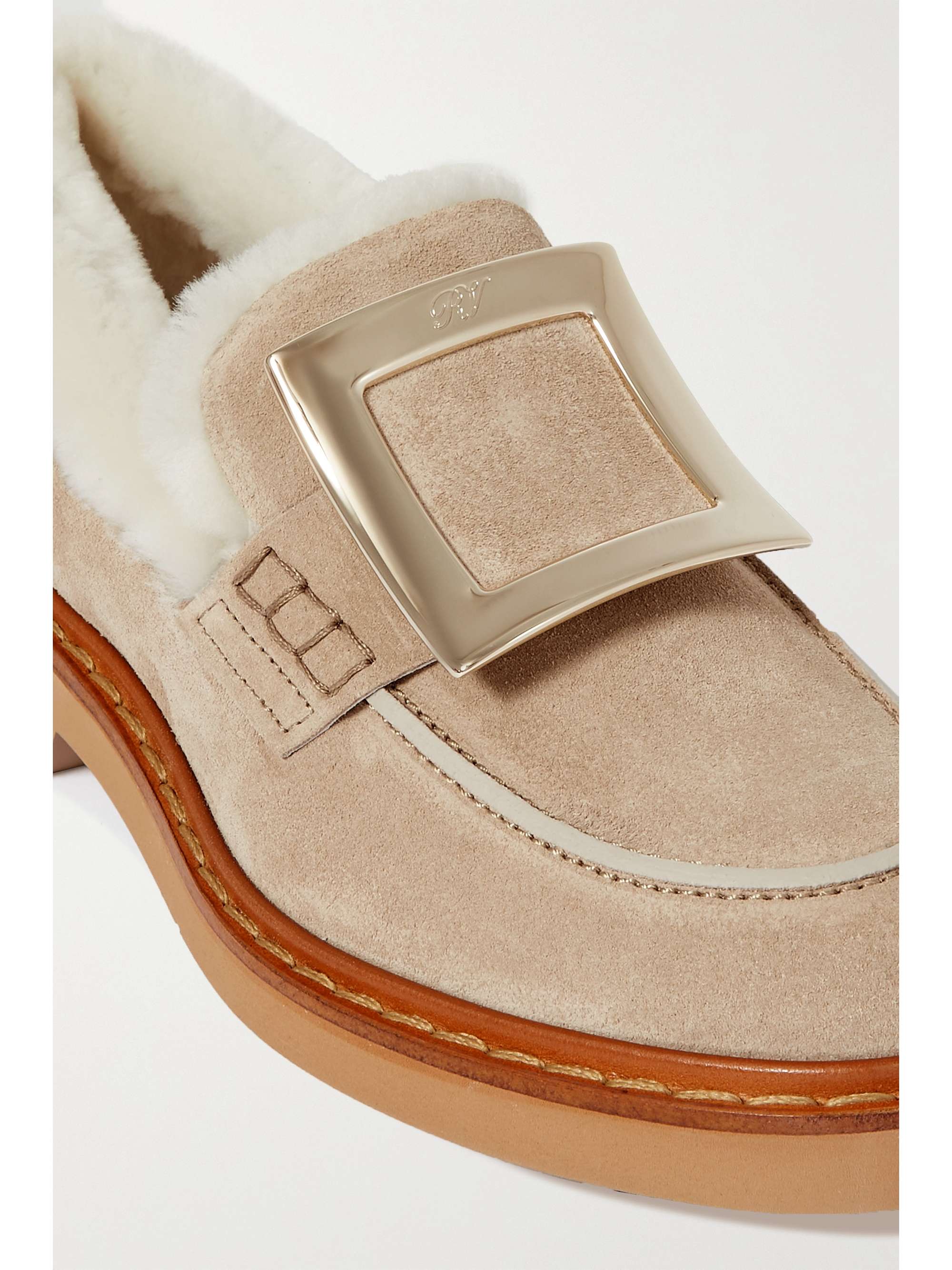 ROGER VIVIER Viv Rangers embellished shearling-trimmed suede loafers