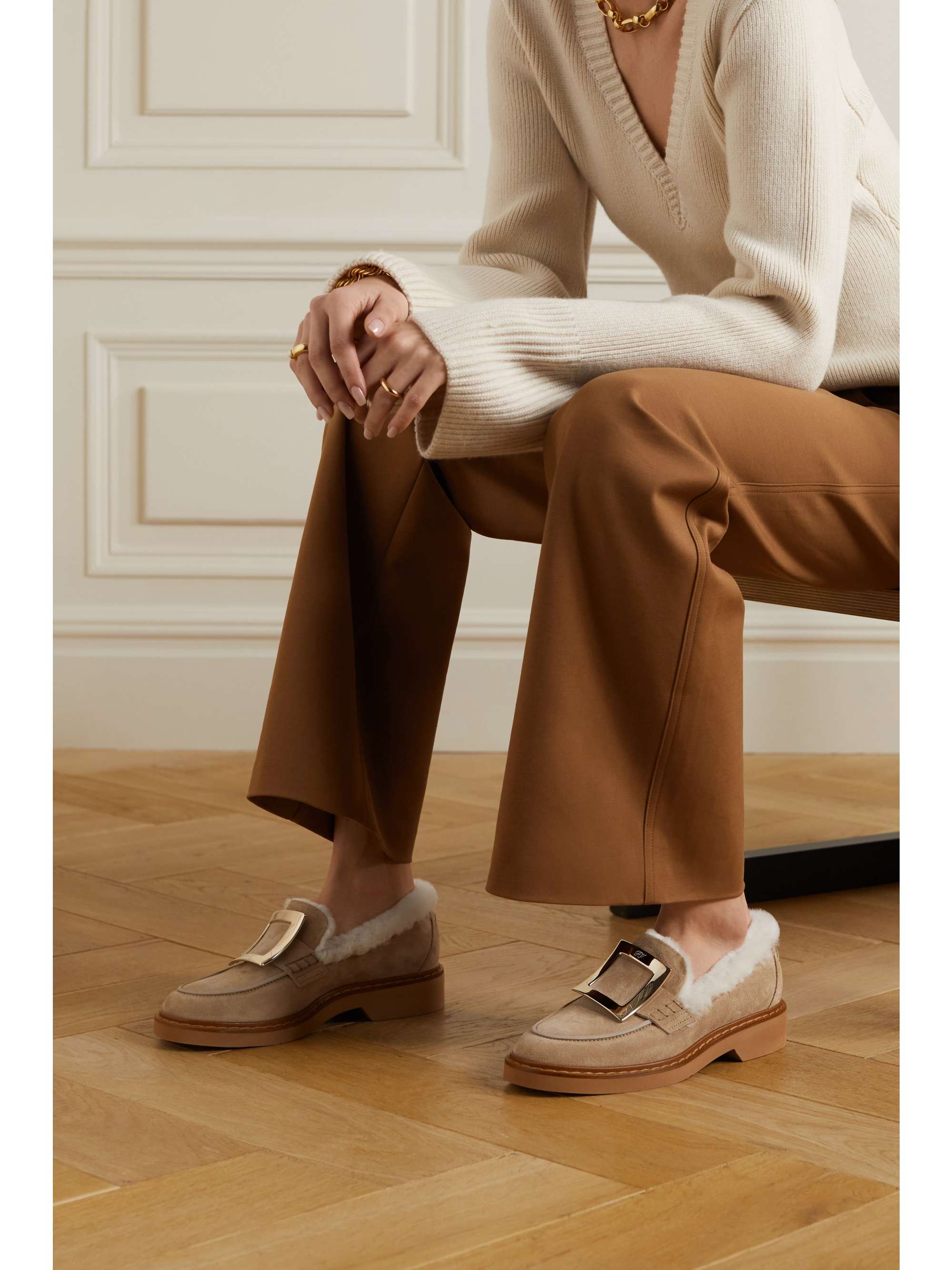 ROGER VIVIER Viv Rangers embellished shearling-trimmed suede loafers