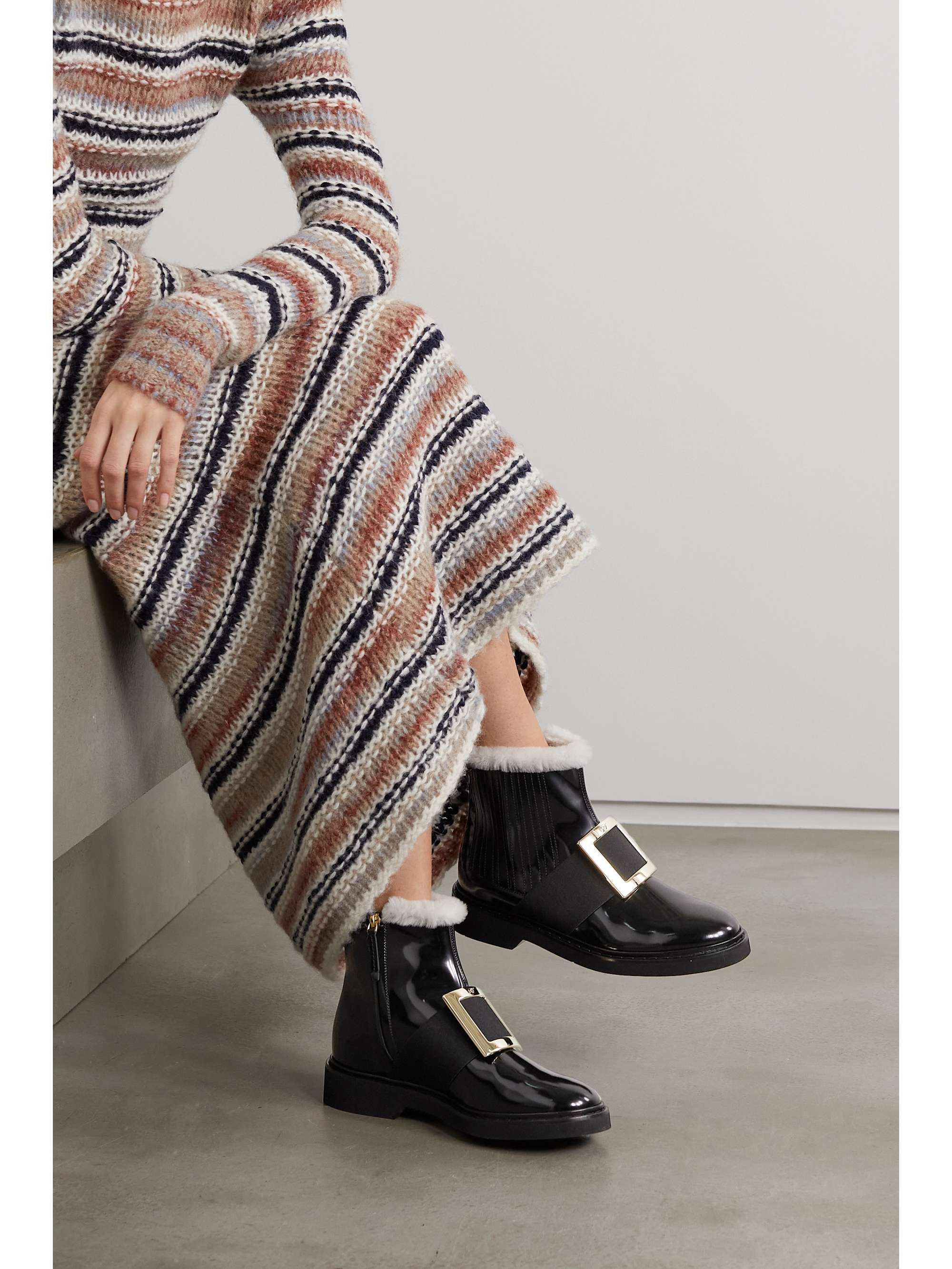 ROGER VIVIER Viv Rangers shearling-lined patent-leather Chelsea boots