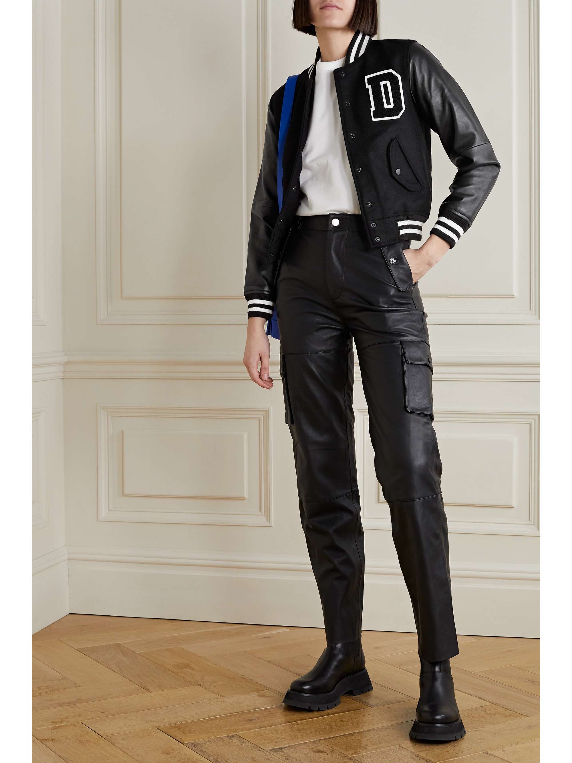 DEADWOOD + NET SUSTAIN Kit appliquéd wool and recycled leather bomber jacket