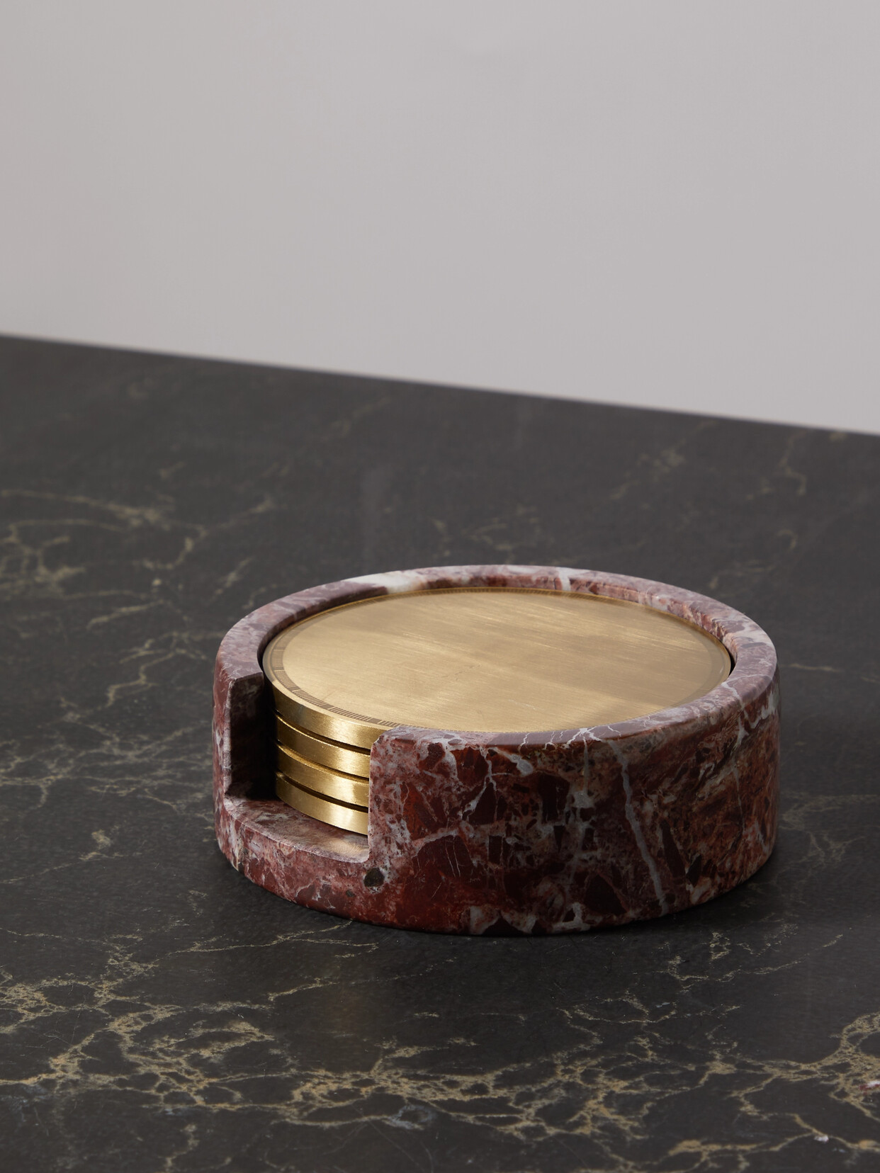 Soho Home Kirtle Set Of Four Gold-tone Coasters And Marble Holder In Burgundy