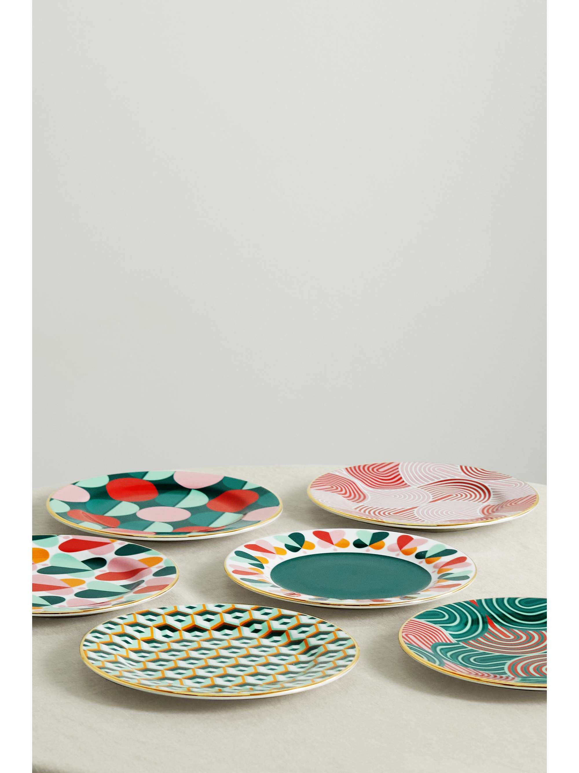 LA DOUBLEJ Set of six 20cm gold-plated porcelain dessert plates