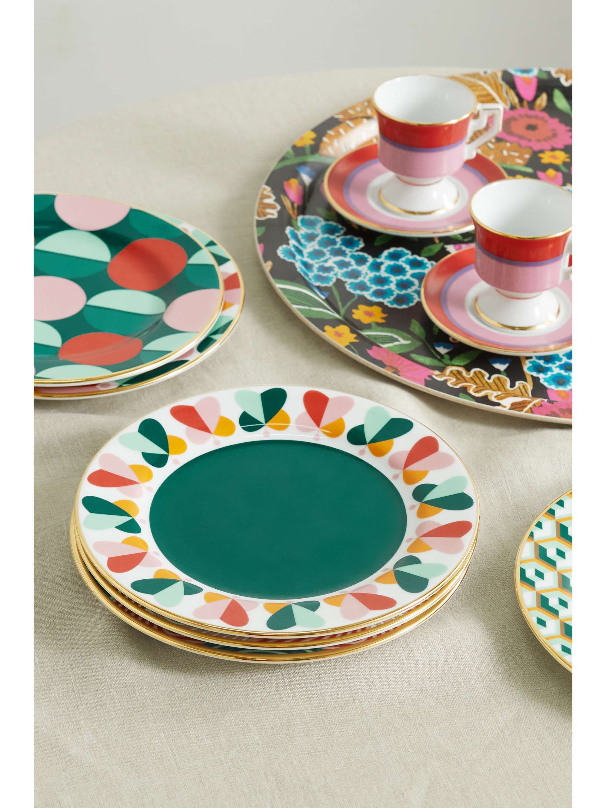 LA DOUBLEJ Set of six 20cm gold-plated porcelain dessert plates