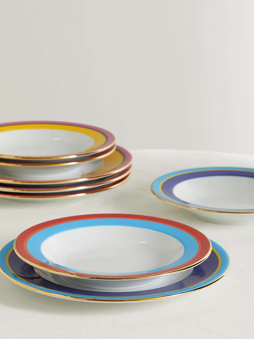La DoubleJ Set Of Four Gold-plated Porcelain Soup Bowls And Dinner Plates