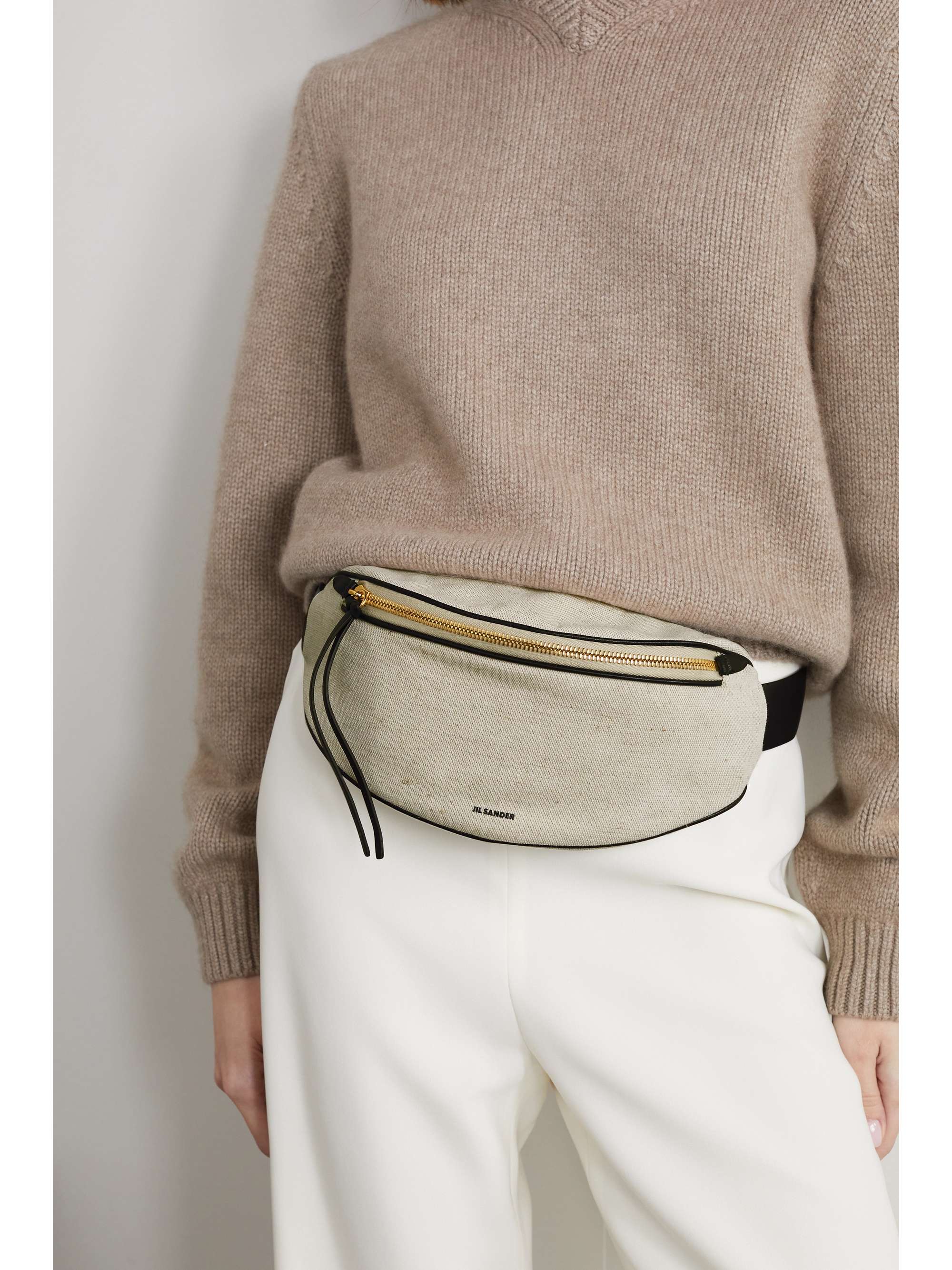 Moon small leather-trimmed cotton-canvas belt bag