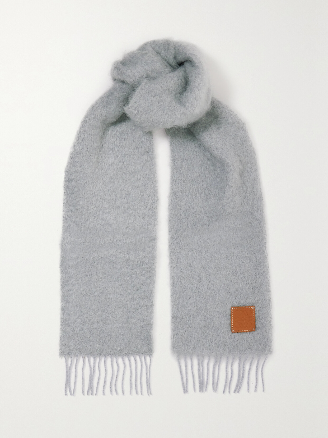 Loewe Womens Light Grey Logo-patch Fringed Cashmere Scarf In Gray