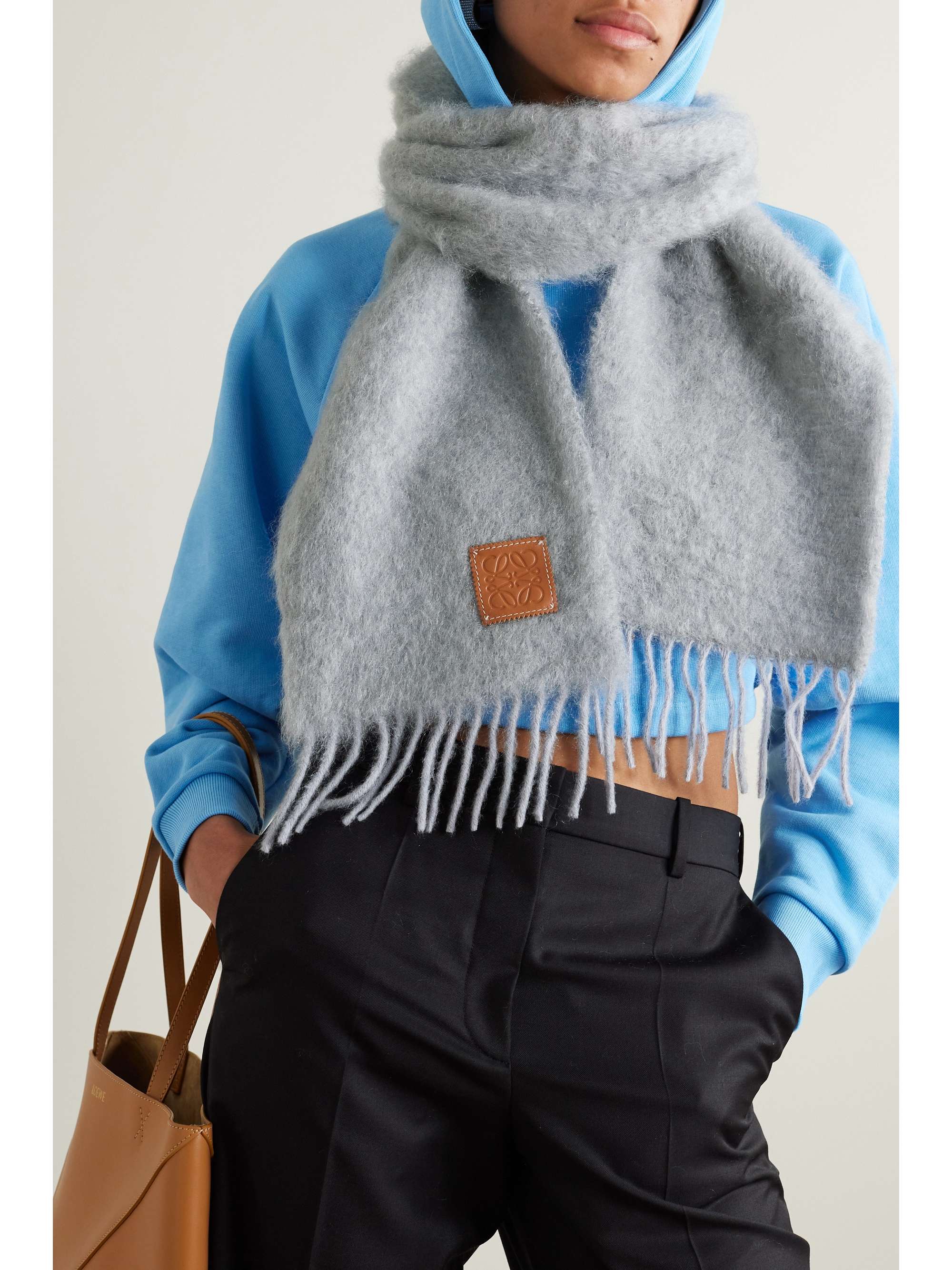 LOEWE Leather-trimmed fringed mohair-blend scarf