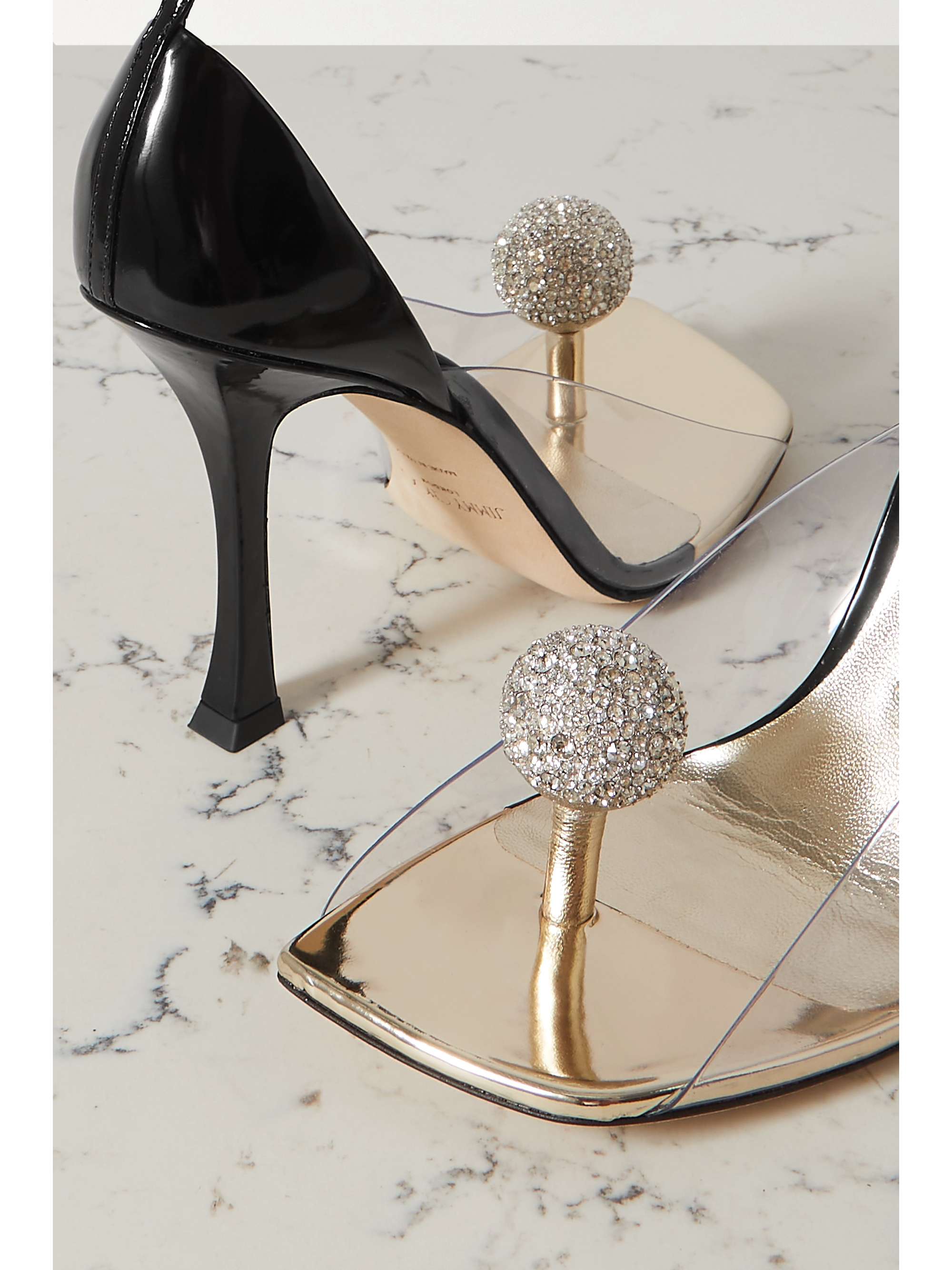 JIMMY CHOO + Mugler crystal-embellished PVC and patent-leather sandals