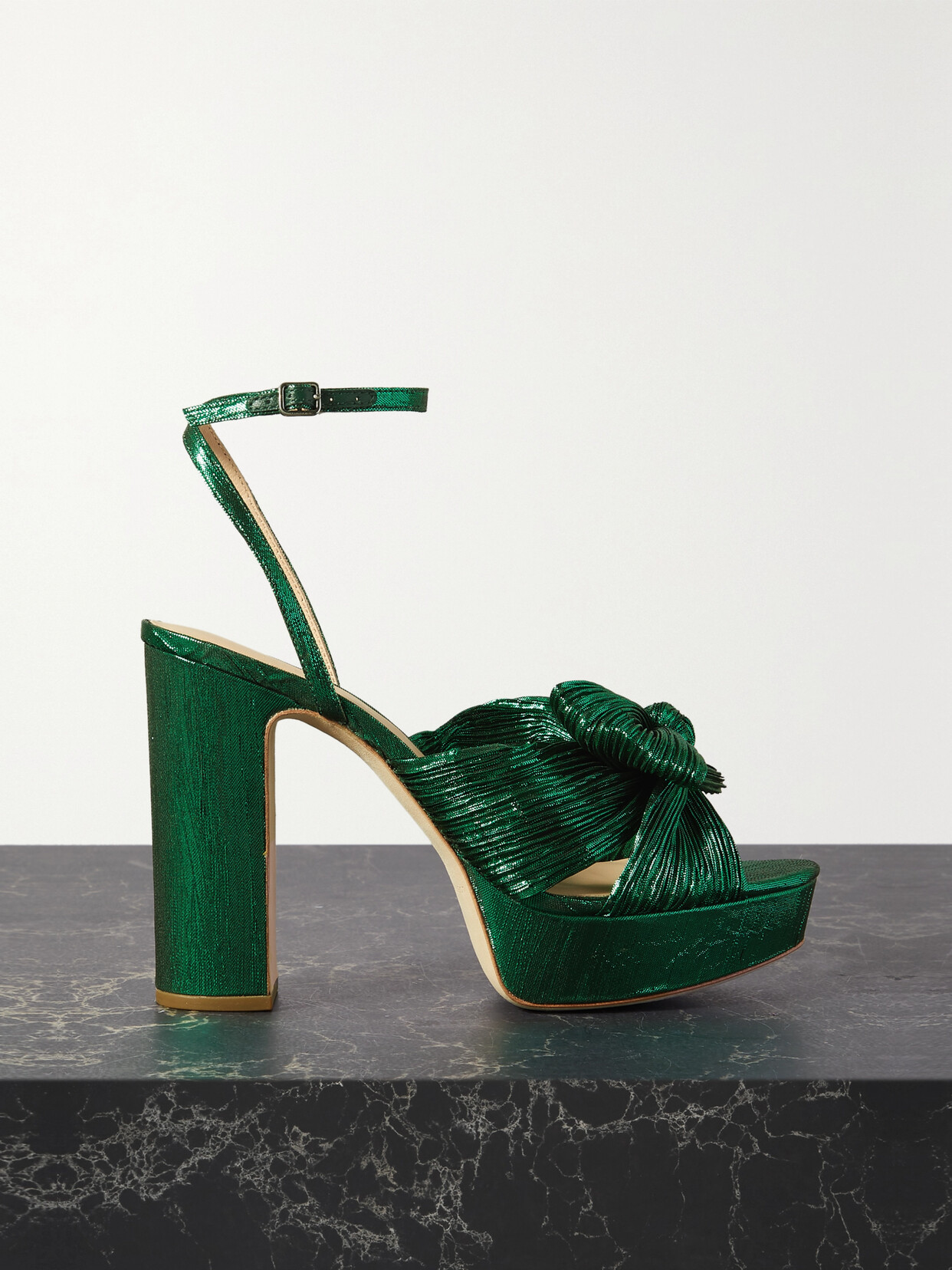 Loeffler Randall Natalia Bow-embellished Plissé-lamé Platform Sandals - Green