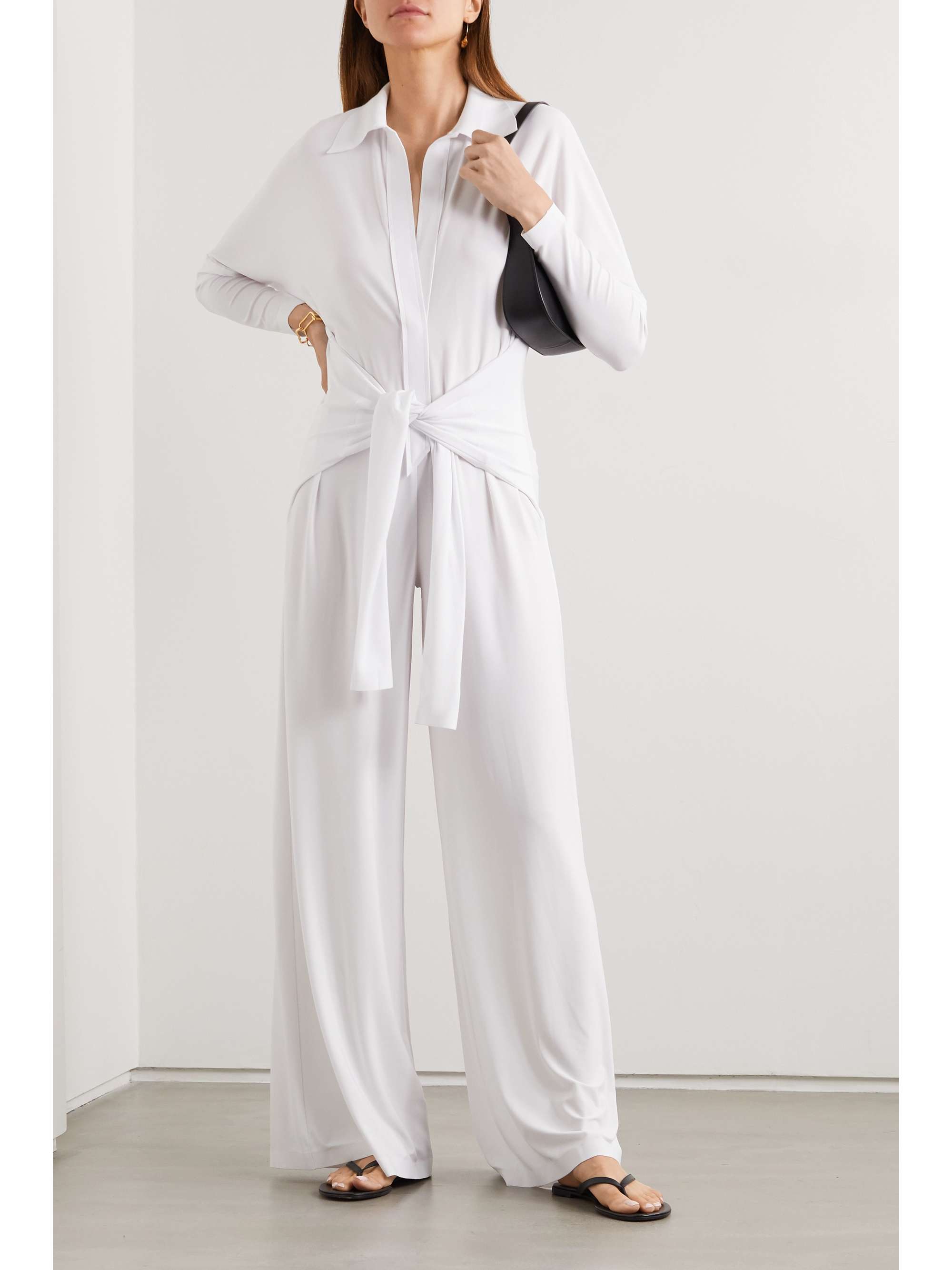 White Tie-front stretch-jersey jumpsuit 