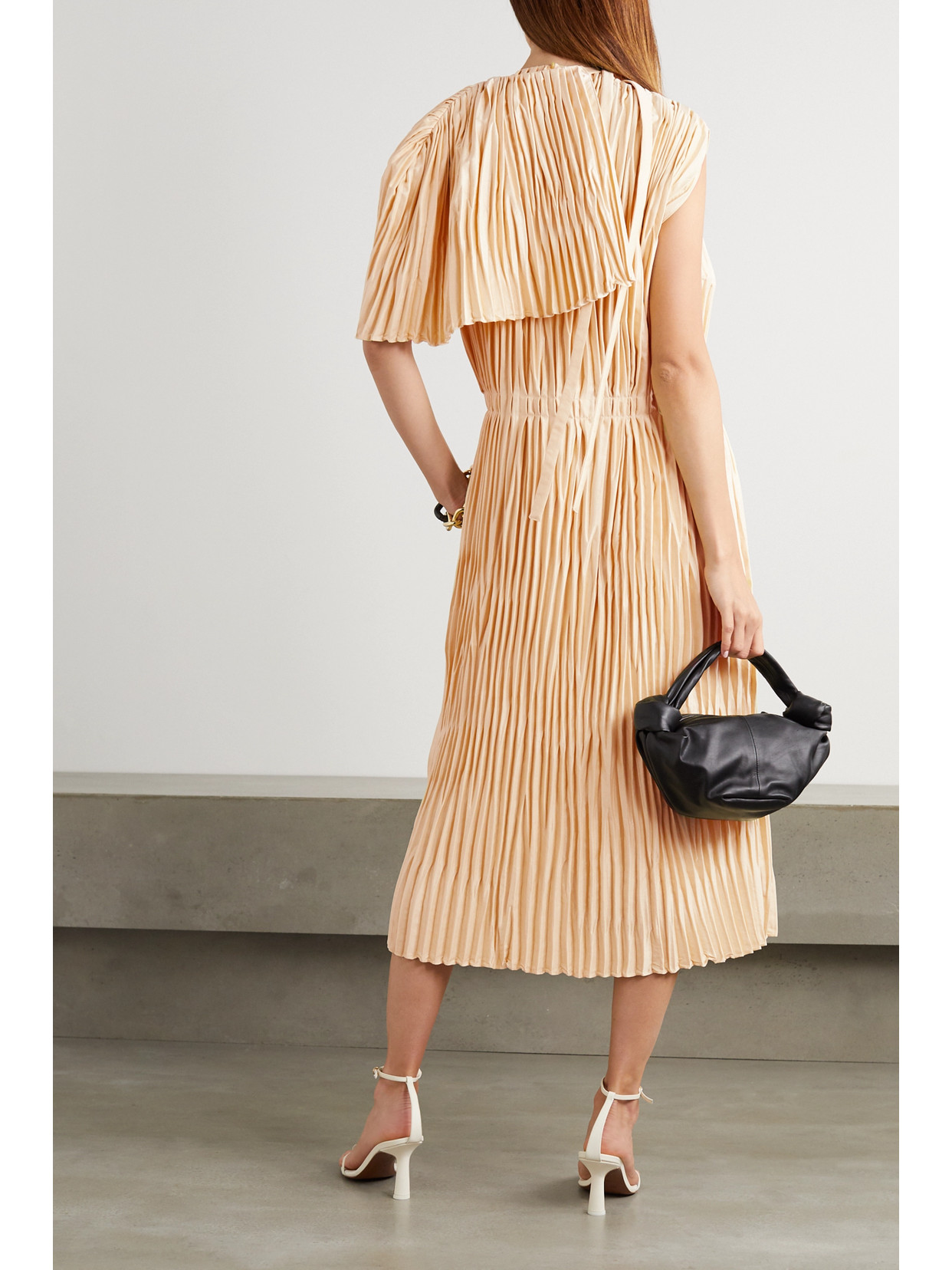 Jil Sander Cape-effect Pleated Satin Midi Dress In Cream