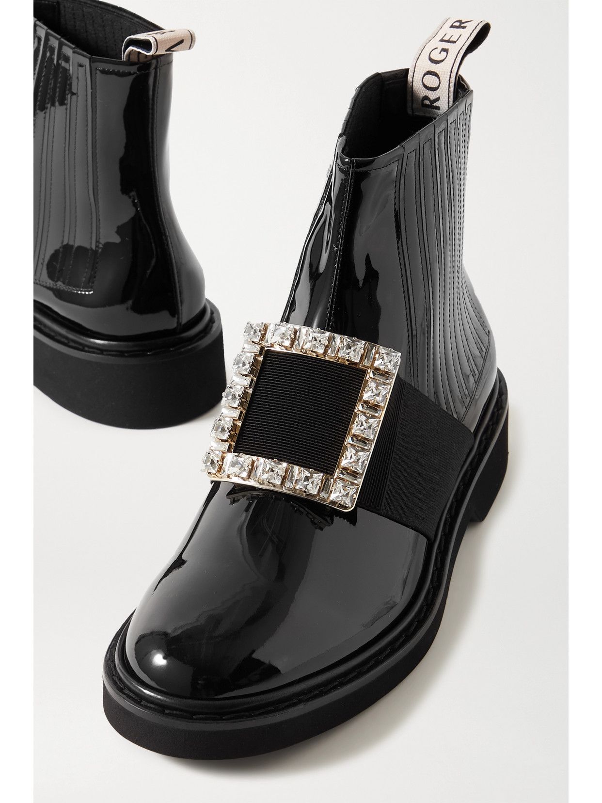 Shop Roger Vivier Viv Ranger Crystal-embellished Patent-leather Chelsea Boots In Black