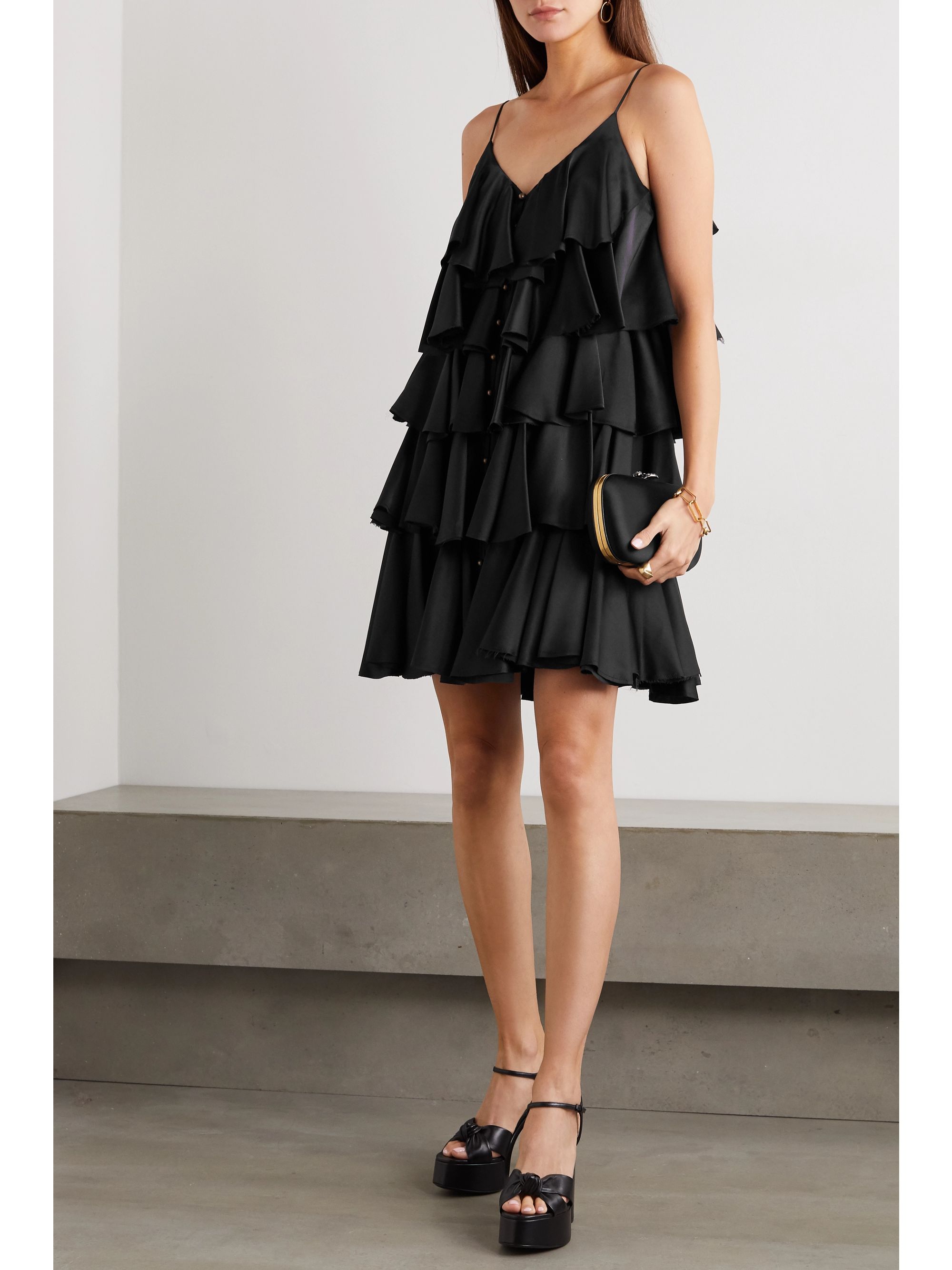 Black Tiered ruffled silk-satin mini 