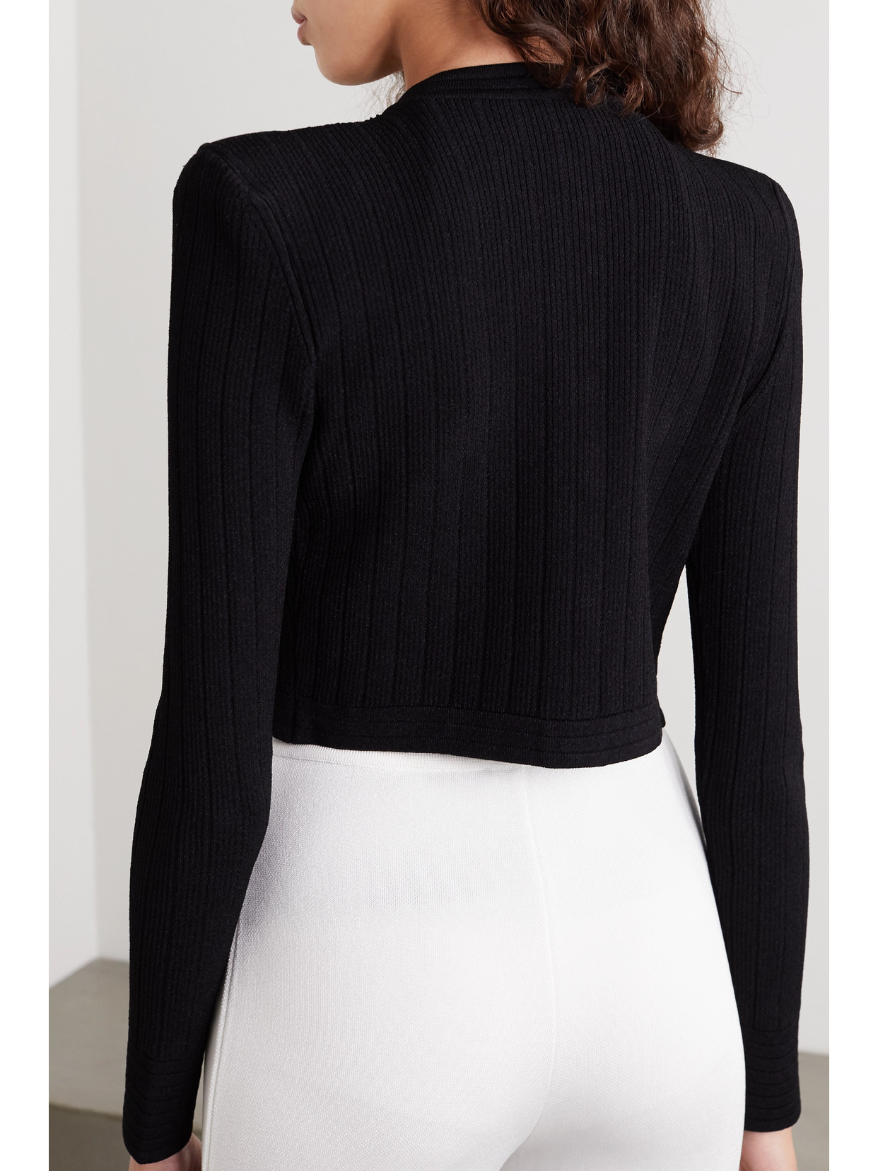 Shop Balmain Cropped Button-embellished Jacquard-knit Blazer In Black