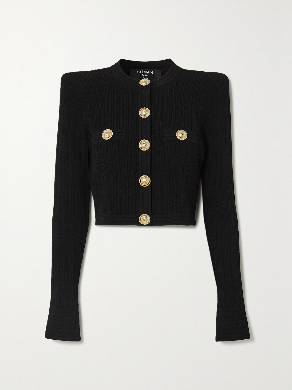 Balmain Cropped Button-embellished Jacquard-knit Blazer In Black