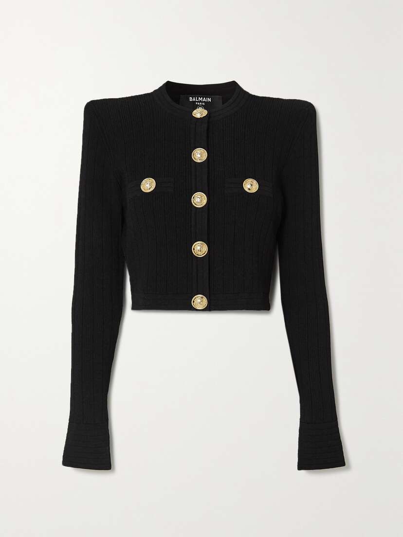 Balmain Cropped Button-embellished Jacquard-knit Blazer