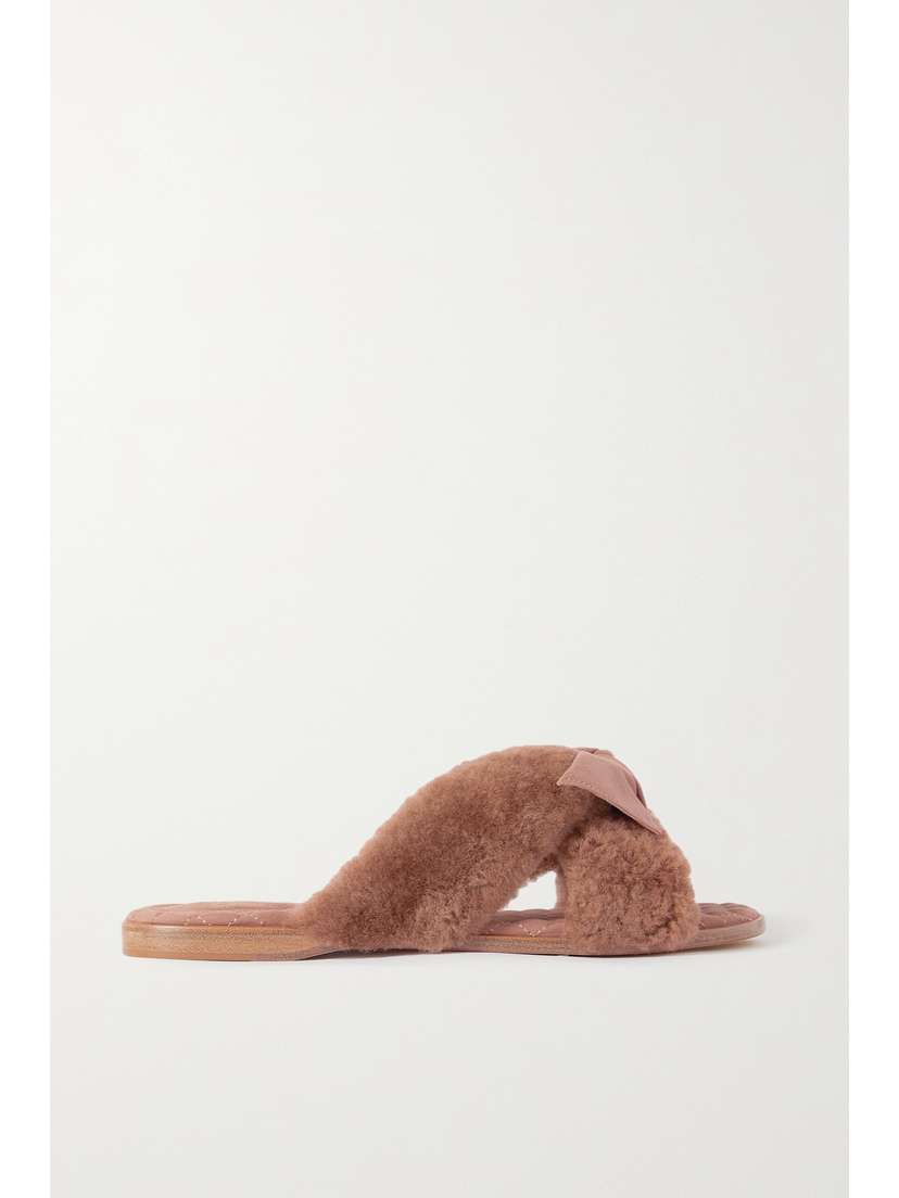 Alexandre Birman Maxi Clarita Bow-embellished Suede-trimmed Shearling Slides