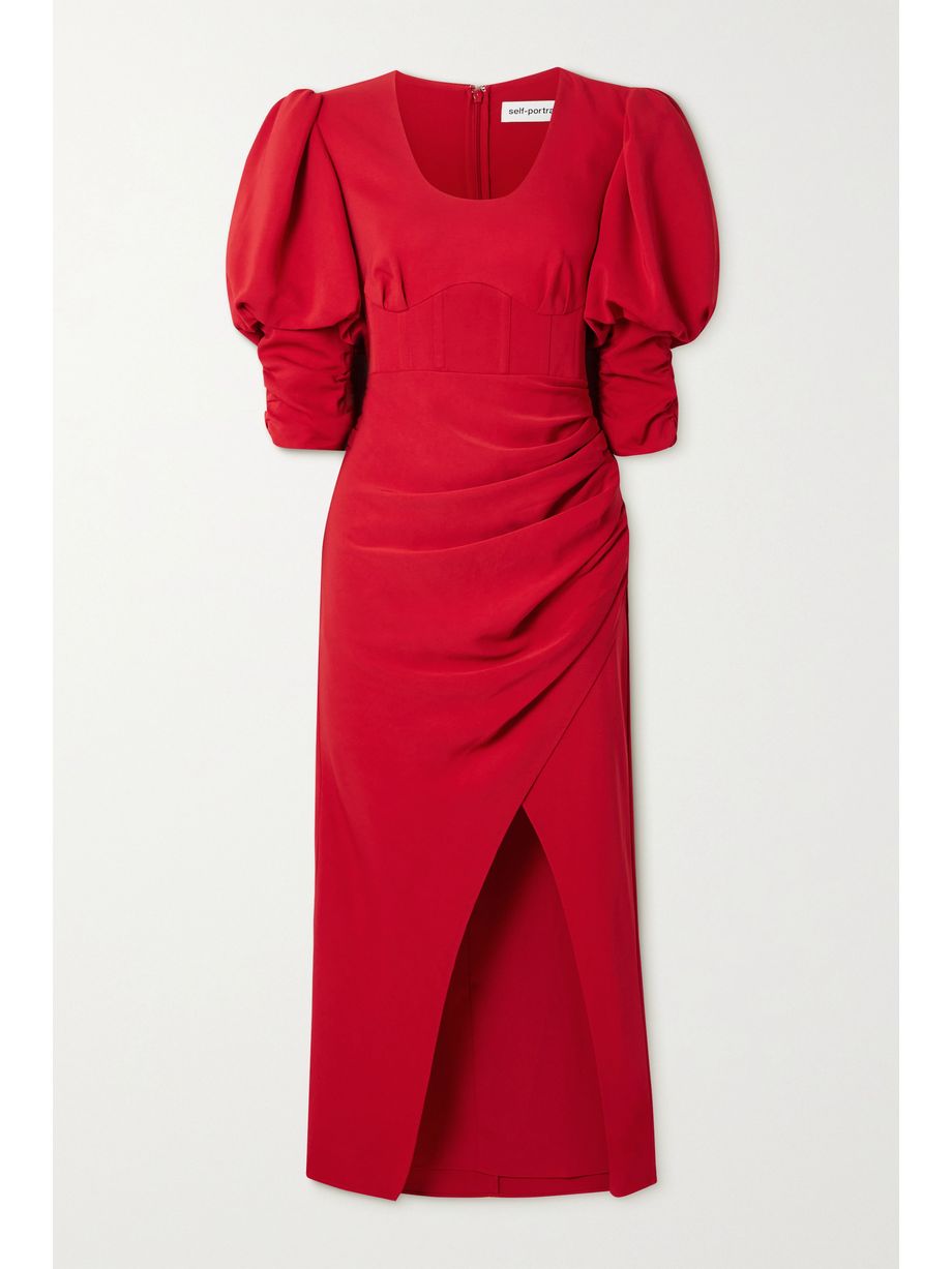 Gathered Crepe Midi Dress Red