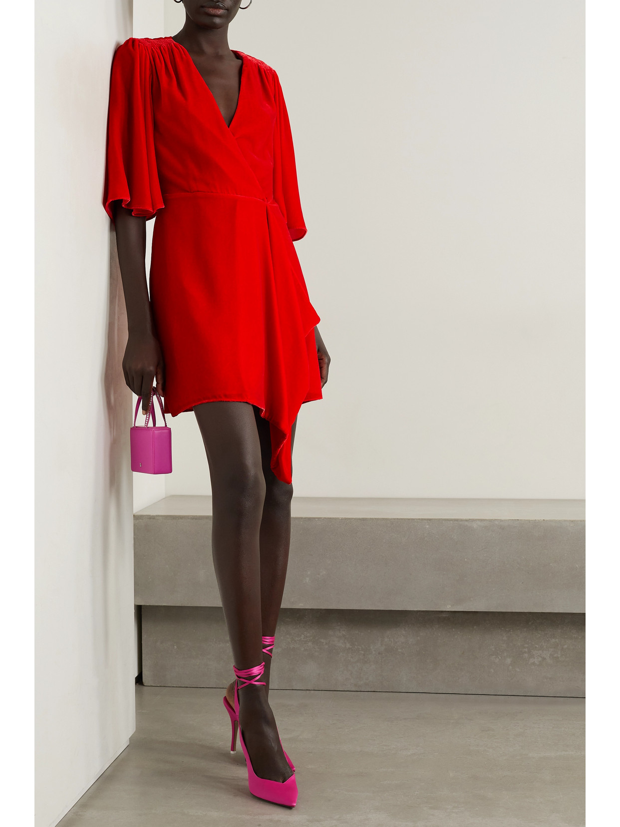 Les Rêveries Draped Velvet Mini Wrap Dress In Red