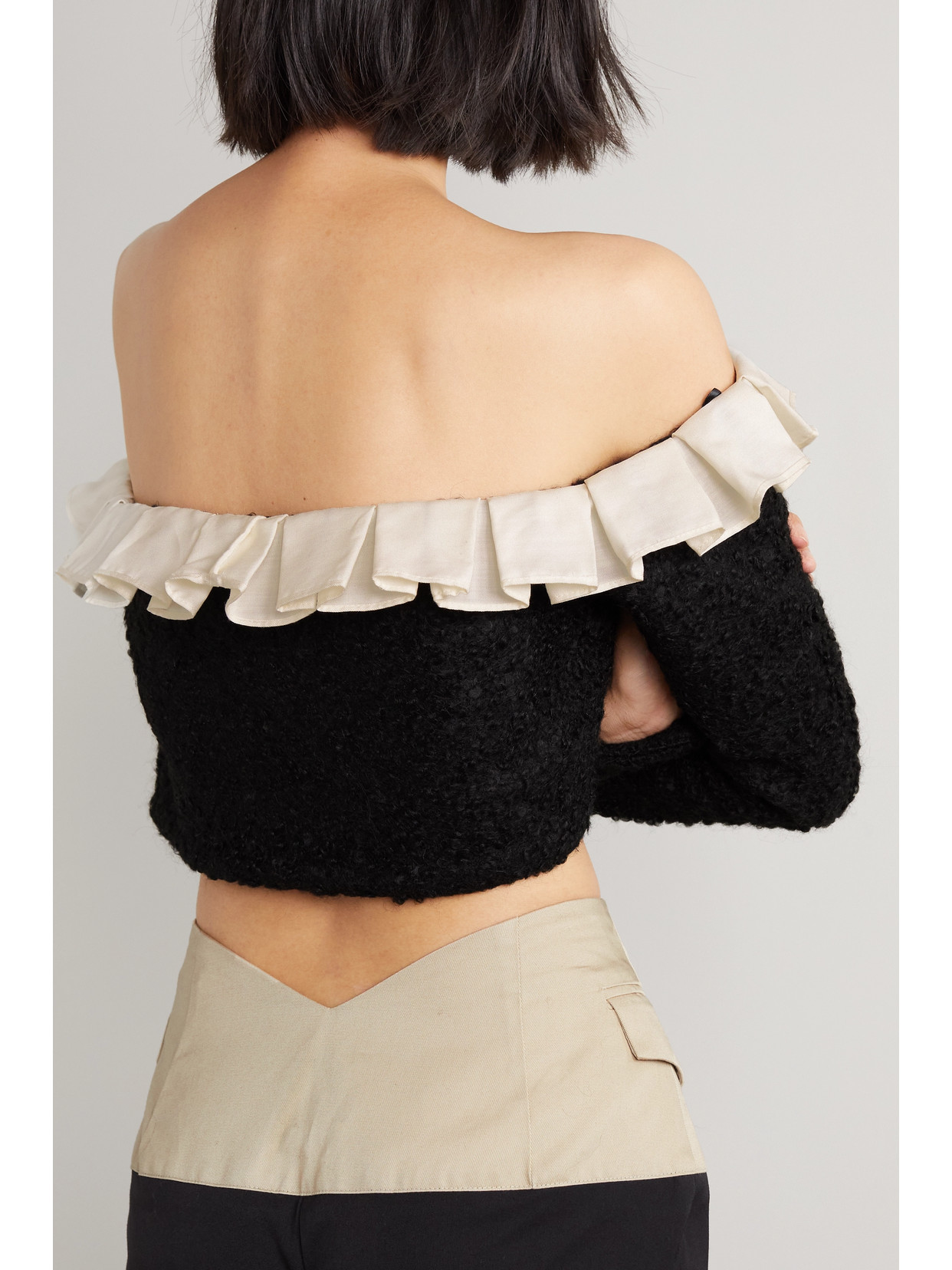 Aaizél + Net Sustain Off-the-shoulder Cropped Ruffled Tencel-trimmed Bouclé-knit Cardigan In Black
